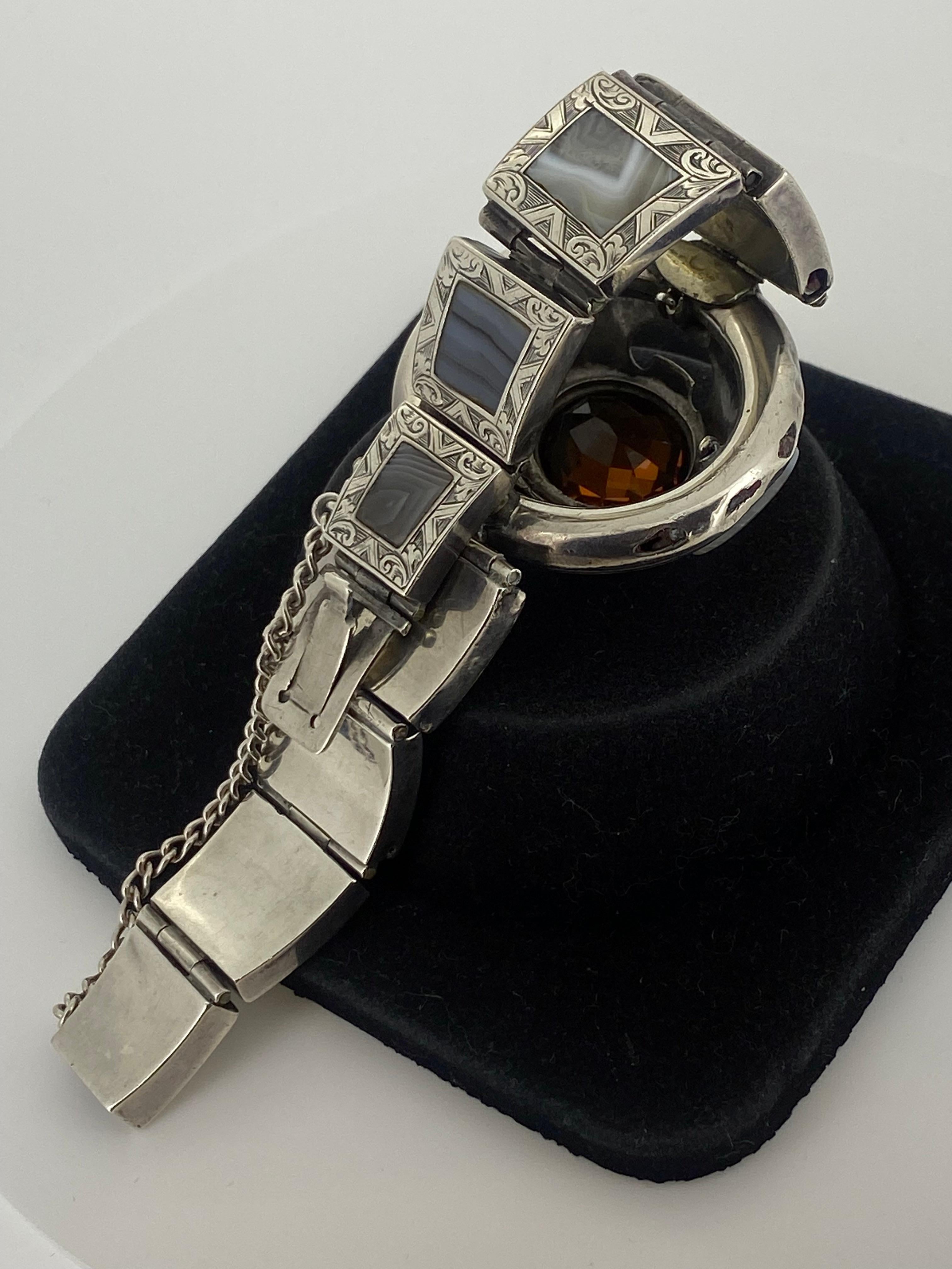 Antique XIXc Scottish Silver Natural Citrine, Jasper, Banded Agate Bracelet 4