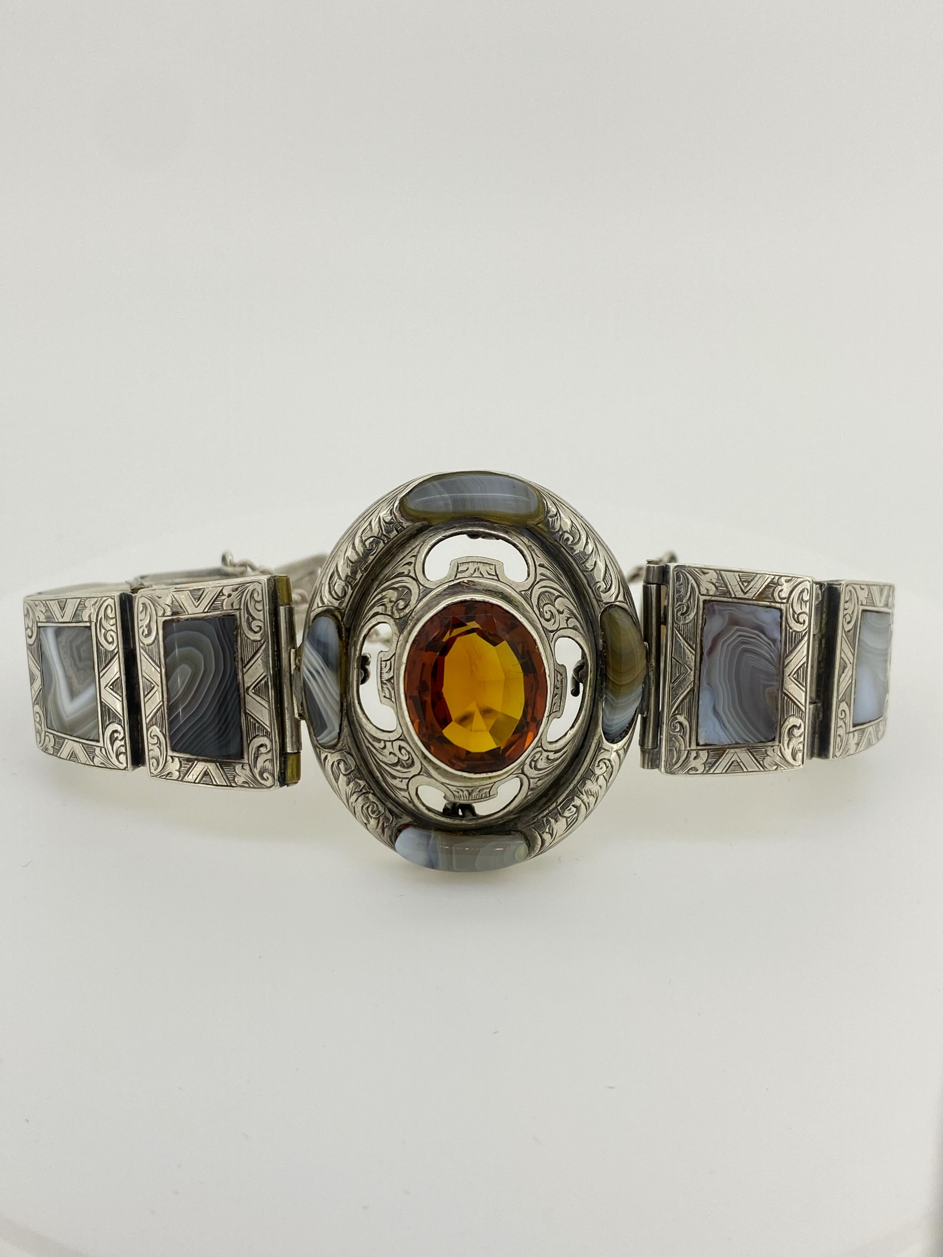 Victorian Antique XIXc Scottish Silver Natural Citrine, Jasper, Banded Agate Bracelet For Sale