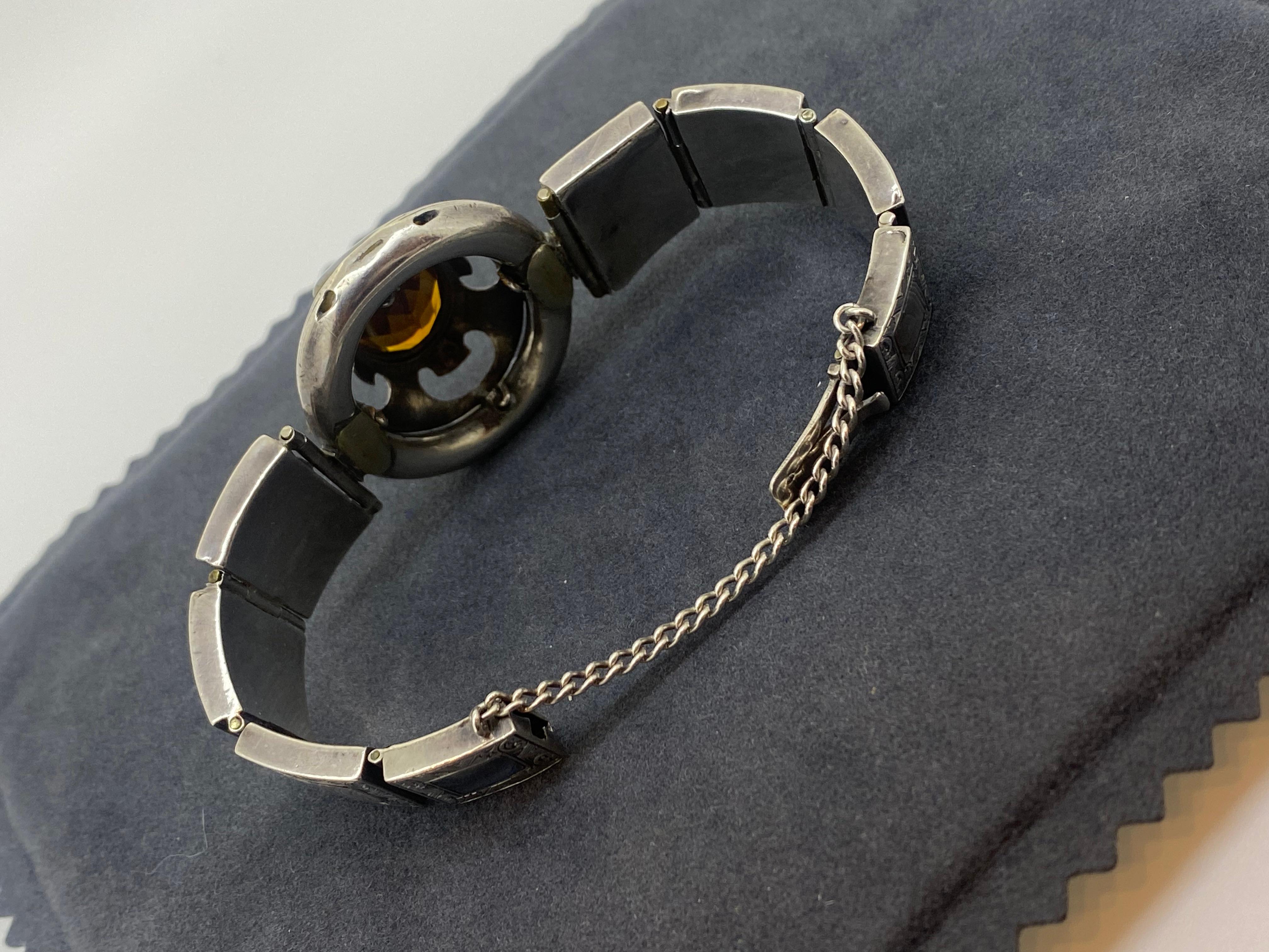 Women's Antique XIXc Scottish Silver Natural Citrine, Jasper, Banded Agate Bracelet