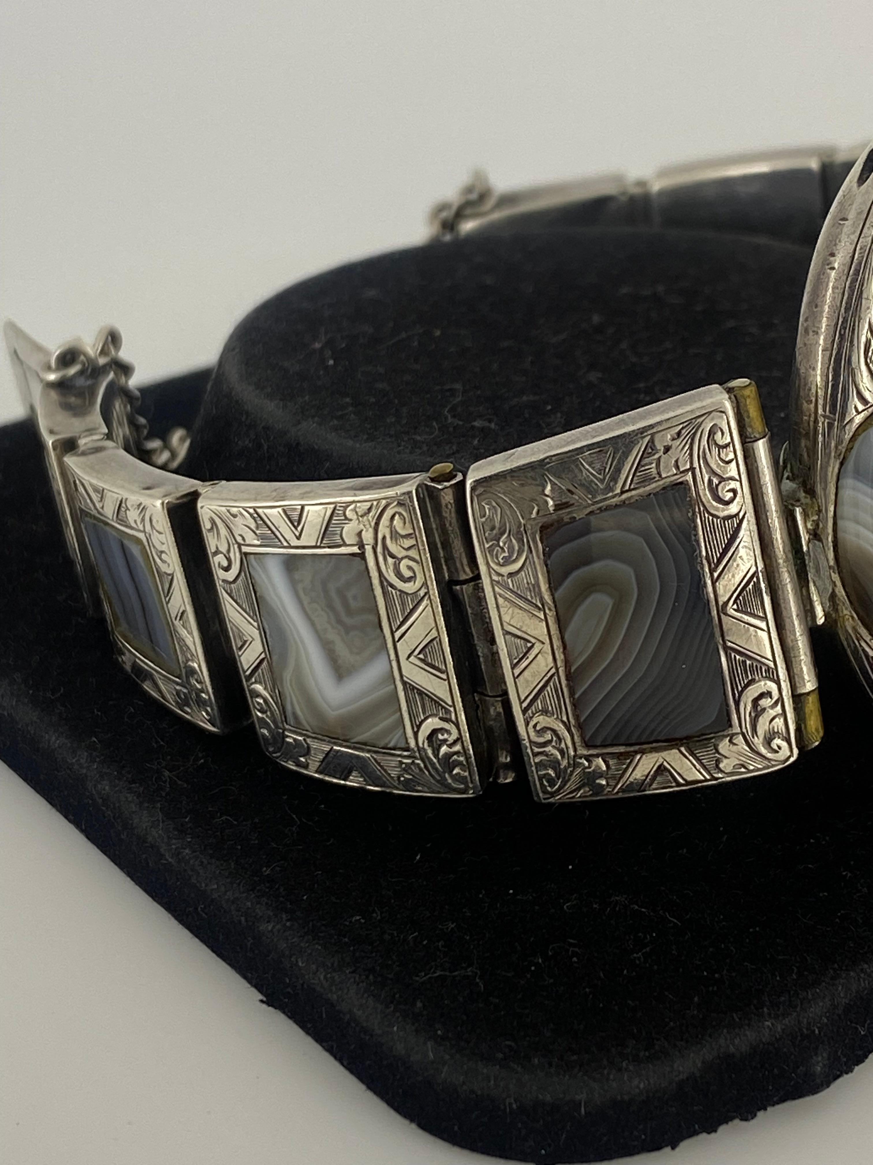 Antique XIXc Scottish Silver Natural Citrine, Jasper, Banded Agate Bracelet 2