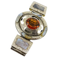 Bracelet écossais ancien du XIXe siècle en argent, citrine naturelle, jaspe et agate