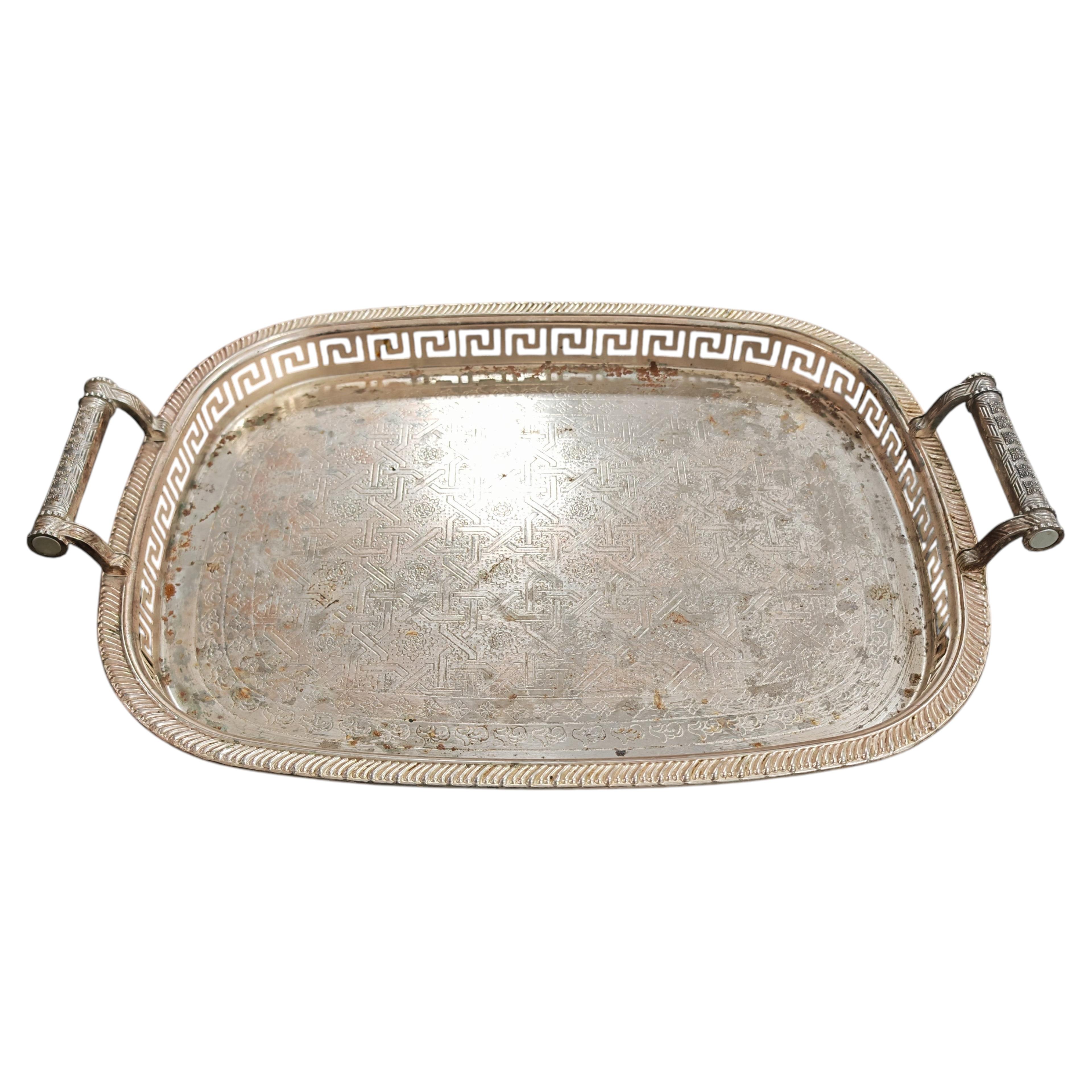 Antique XL Silver Plated Tray with engraved surface, Austria 1930s For Sale