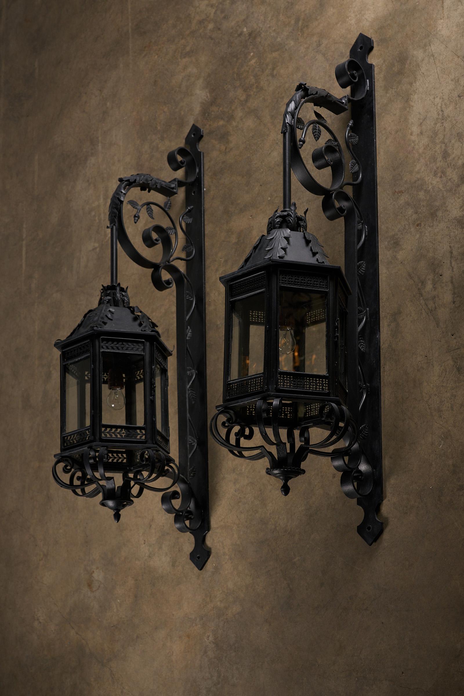 Antique XL Wrought Iron Wall Lanterns – Pair 2
