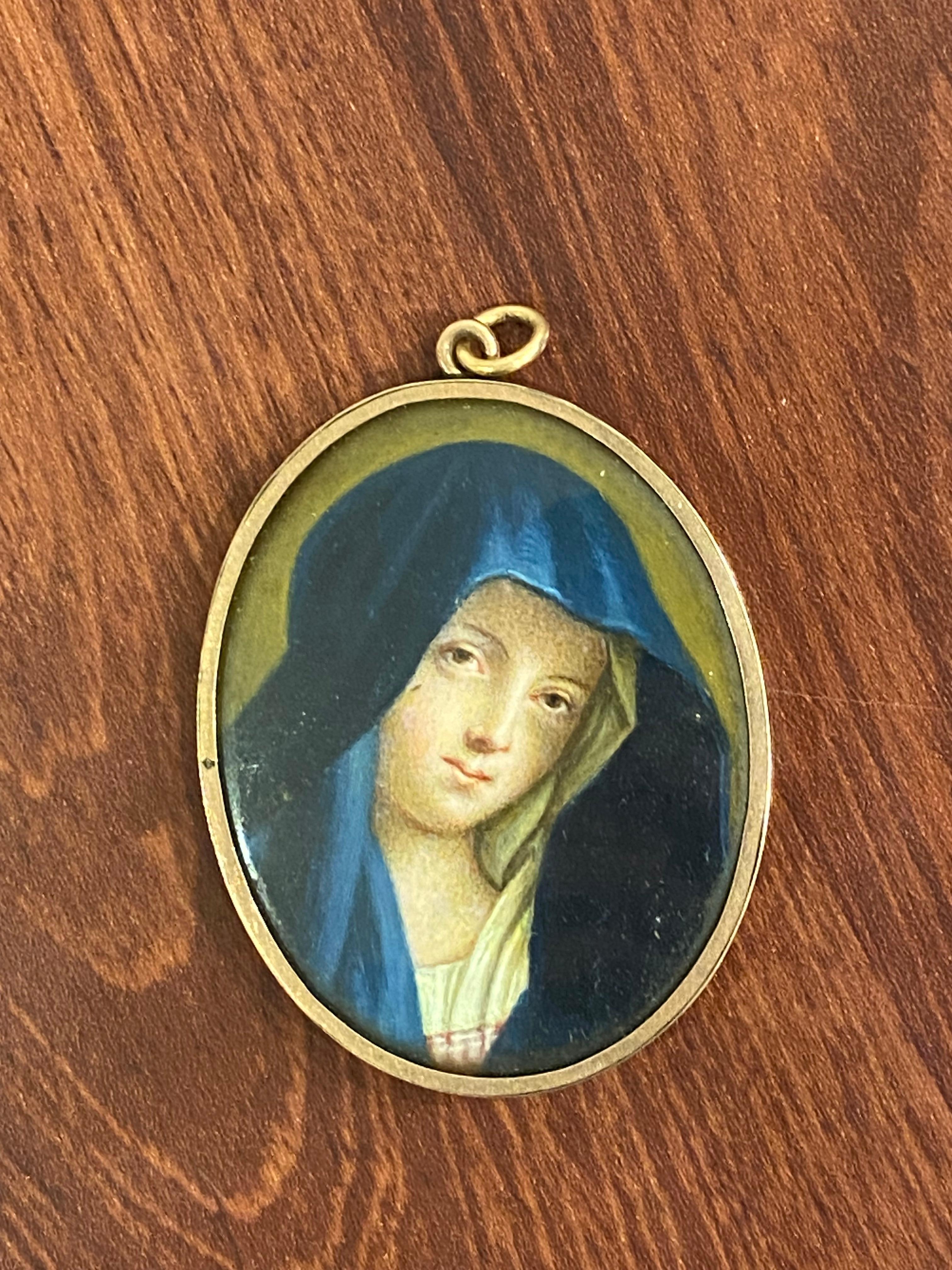 Primo vittoriano Antico ciondolo in miniatura in oro rosa 12ct del XVIII secolo, raffigurante la Madonna in blu. in vendita