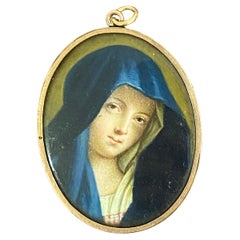 Antique XVIIIc 12ct Rose Gold Miniature Pendant, depicting Madonna in Blue.