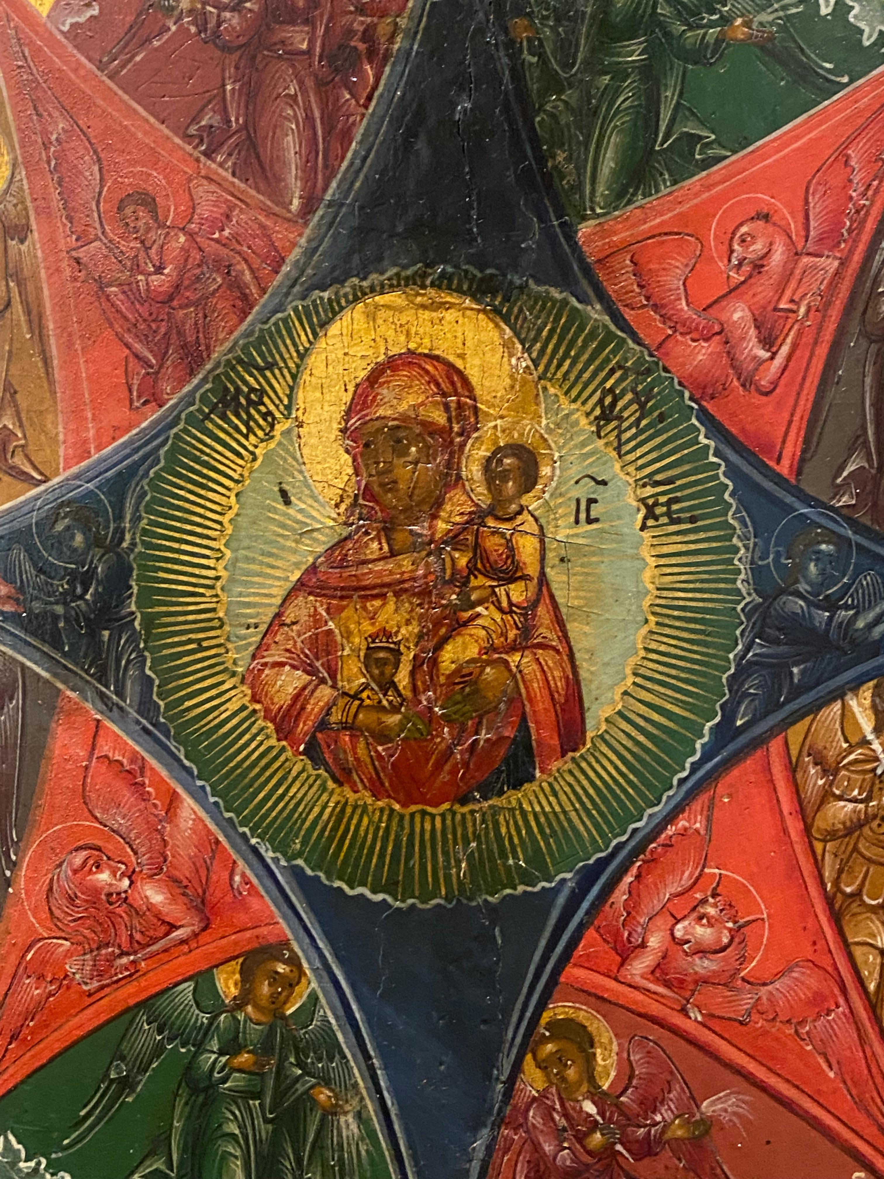 Antique XVIIIc Russian Icon, depicting Mother of God & Saints. 37cm x 45cm. en vente 8