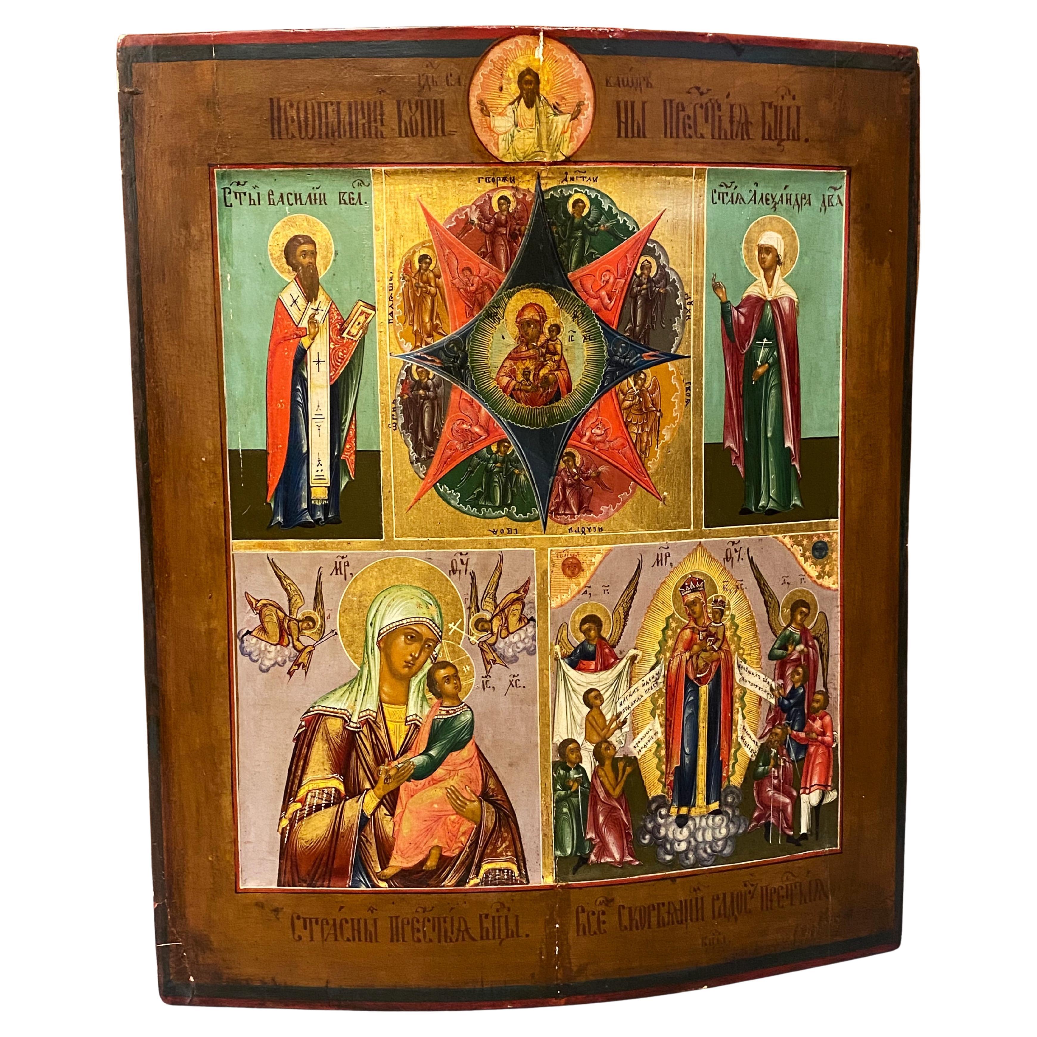 Antique XVIIIc Russian Icon, depicting Mother of God & Saints. 37cm x 45cm.