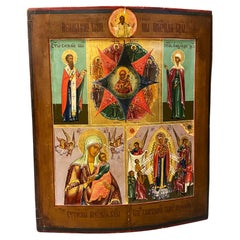 Antique XVIIIc Russian Icon, depicting Mother of God & Saints. 37cm x 45cm.
