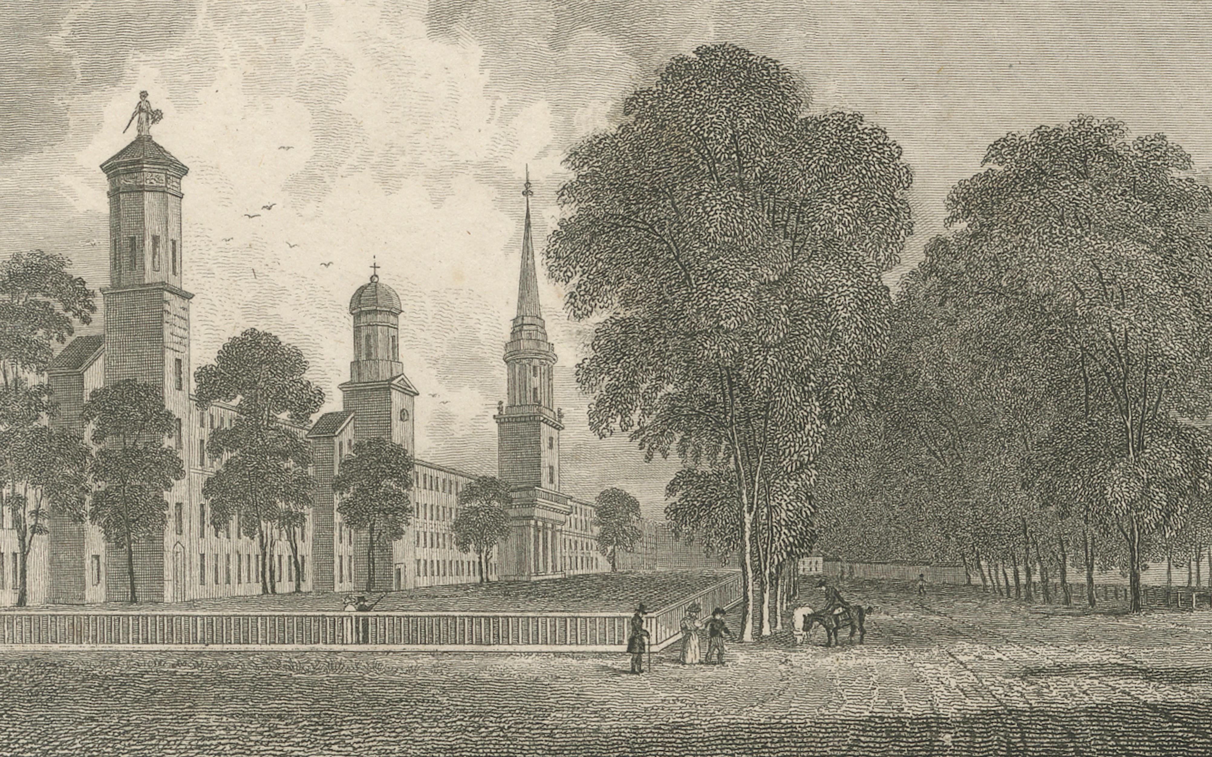 Antique Yale College & State House New Haven Connecticut, Meyer ca. 1850