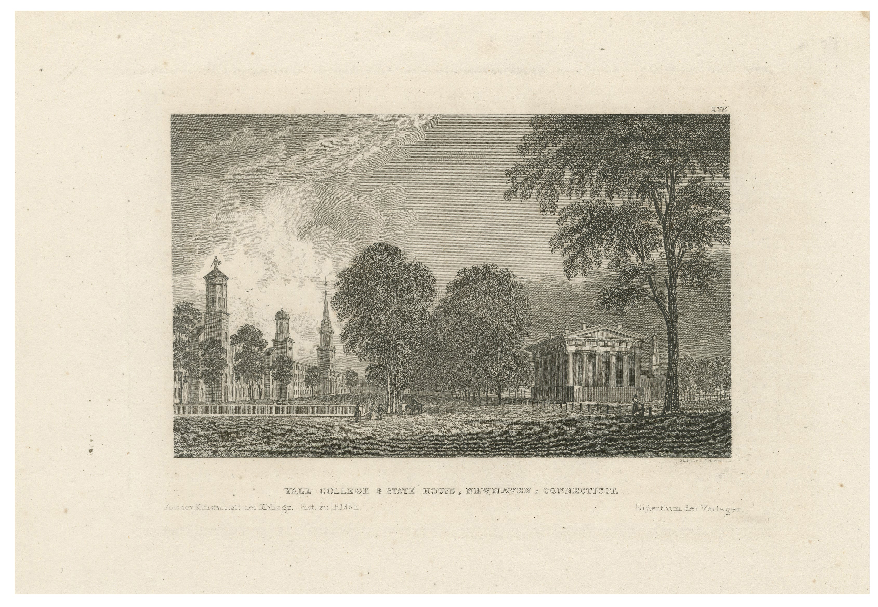 Antique Yale College & State House New Haven Connecticut, Meyer ca. 1850