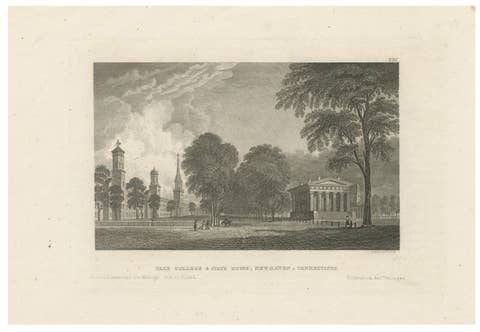 Antique Yale College & State House New Haven Connecticut, Meyer ca. 1850
