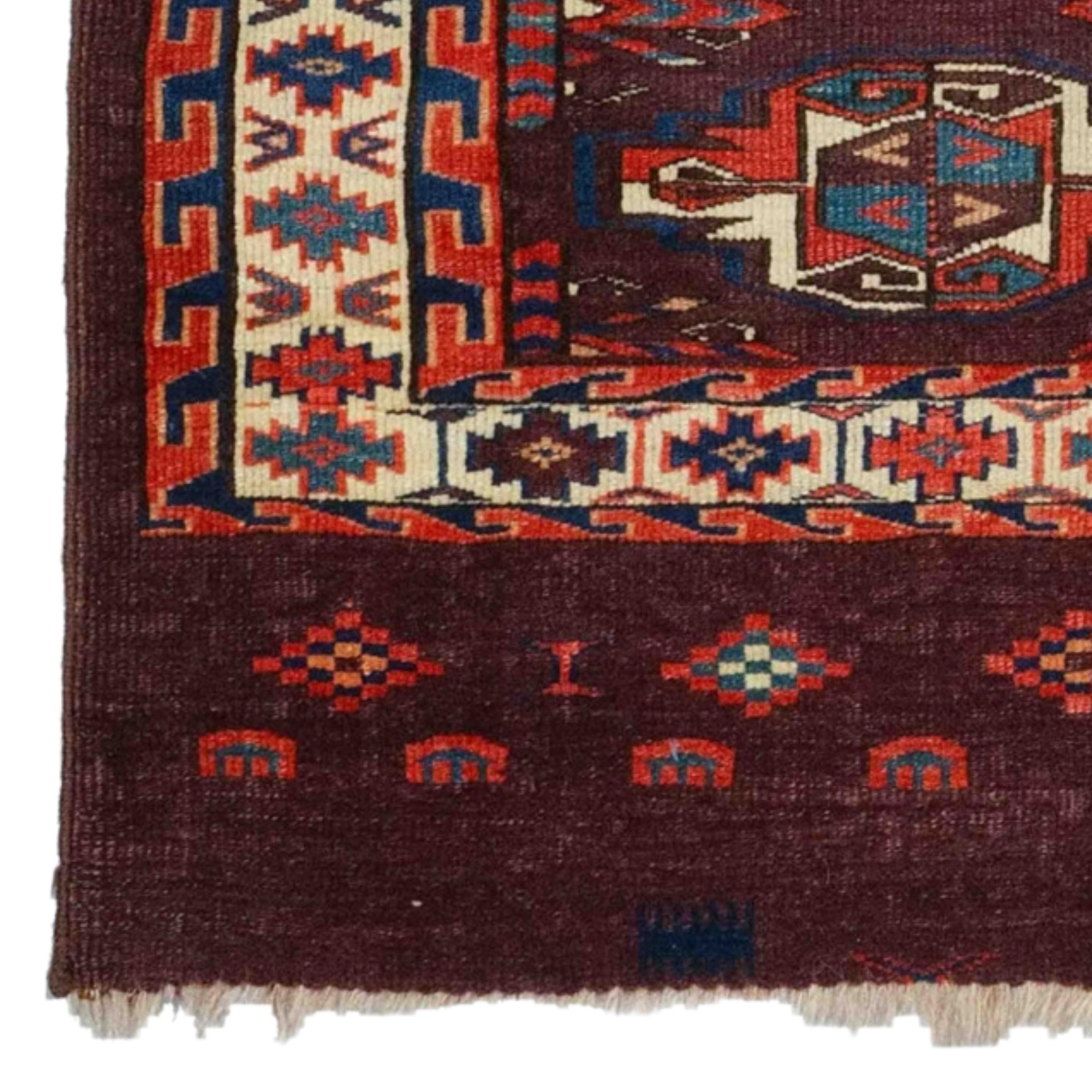This exquisite 19th-century Turkmen chuval rug is a work of art, carefully woven and withstood the test of time. The rich color palette and intricate patterns reveal the impressive beauty of this rug, each carefully selected and placed. Even though