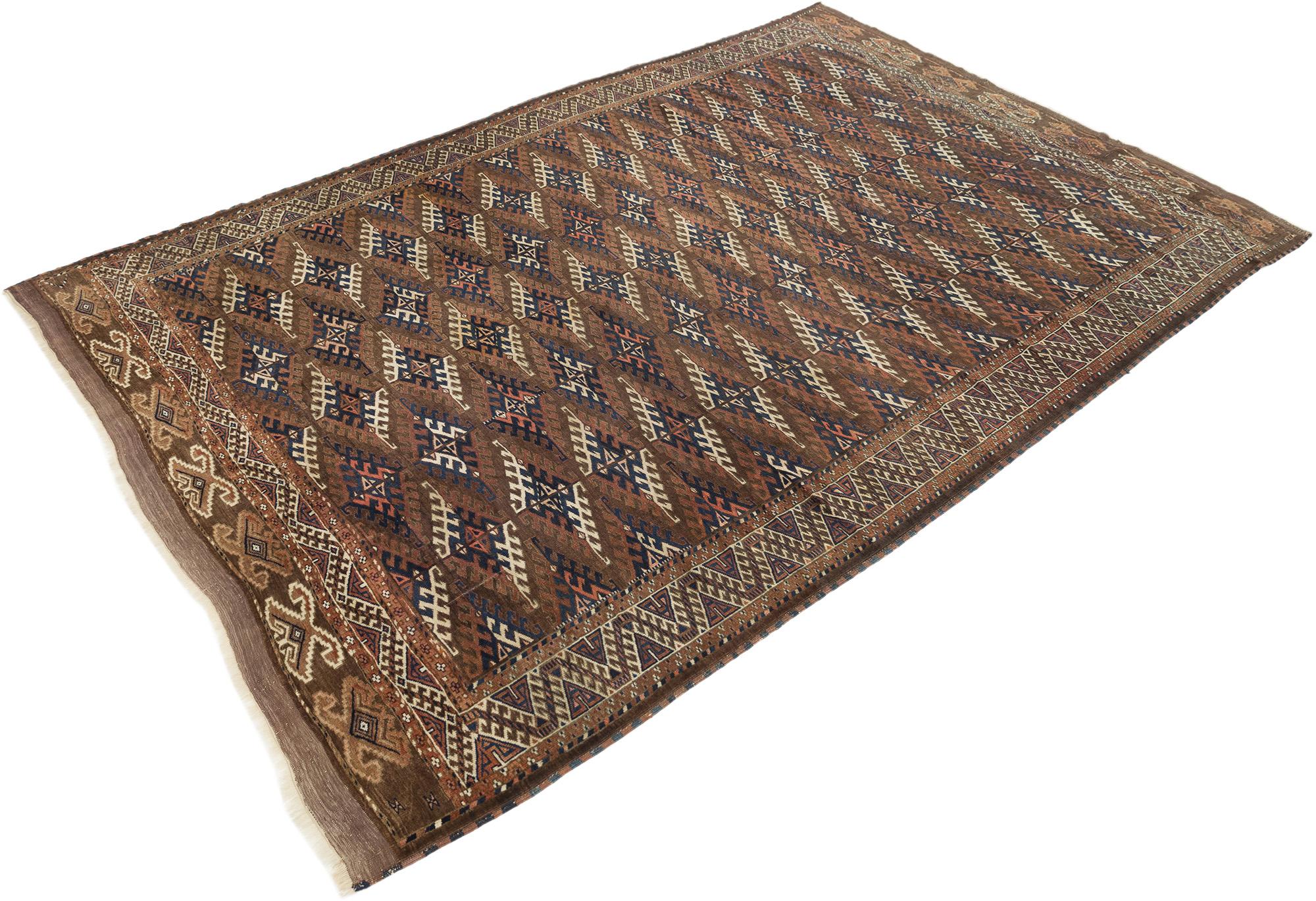 Antiker Yamut Teppich, handgeknüpft, 10x6.9 ft - Braun, Marine und Elfenbein (Usbekisch) im Angebot