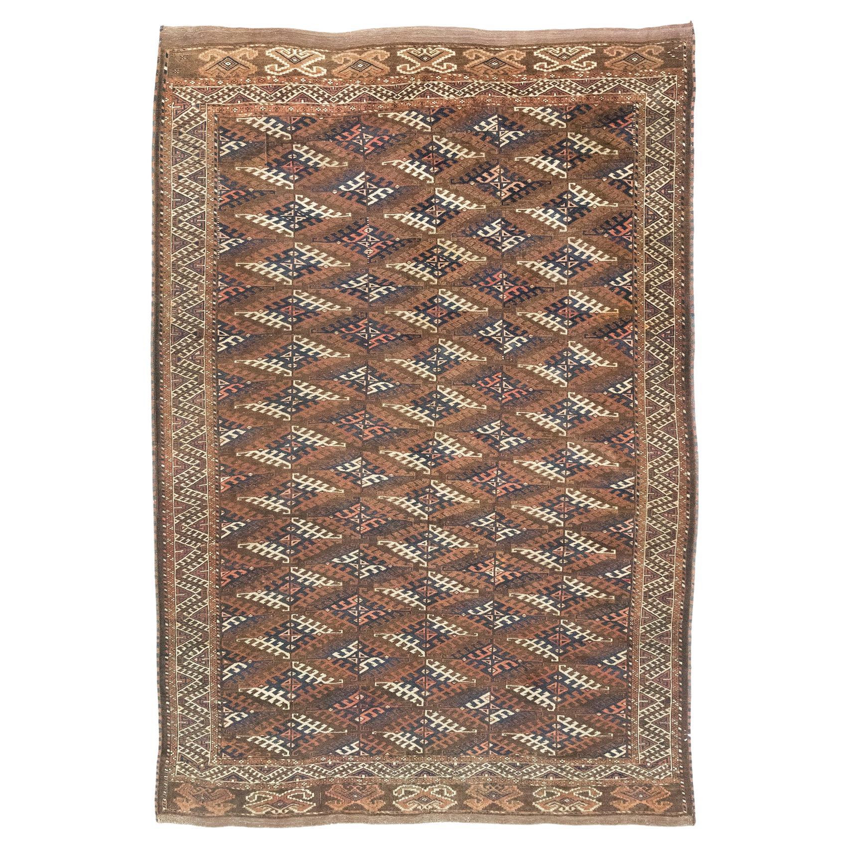 Tapis ancien Yamut, noué à la main, 10x6.9 ft - Marron, marine et ivoire