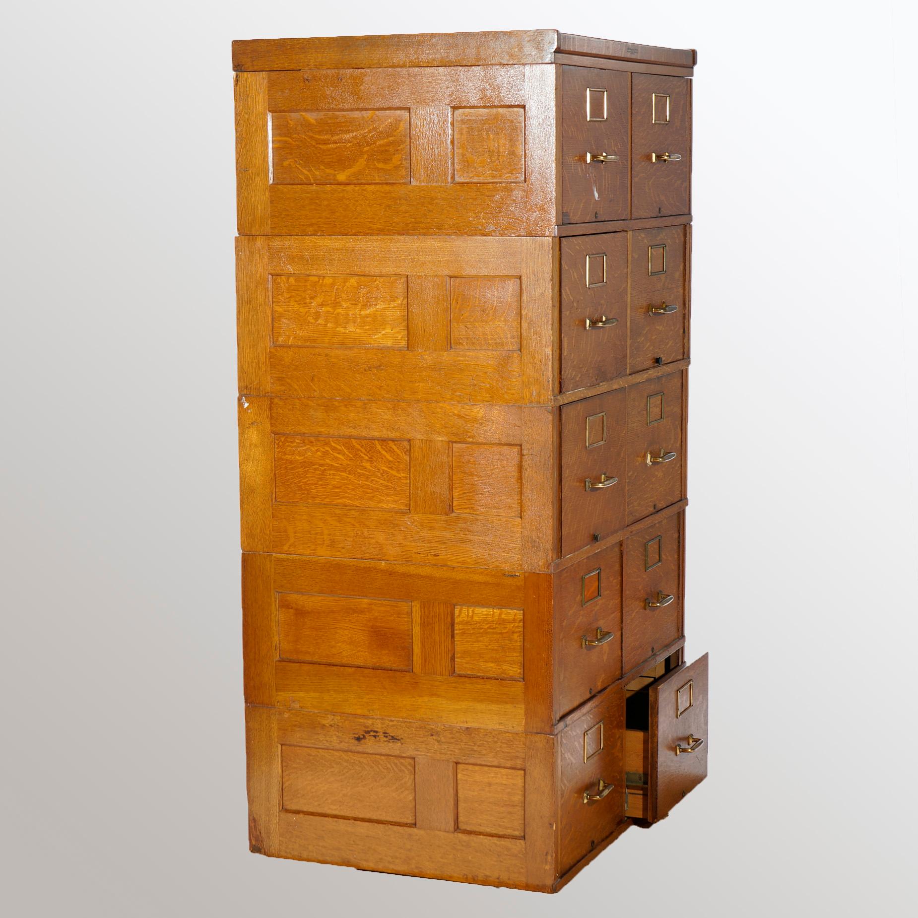American Antique Yawman Paneled Oak Ten-Drawer Filing Cabinet, circa 1900