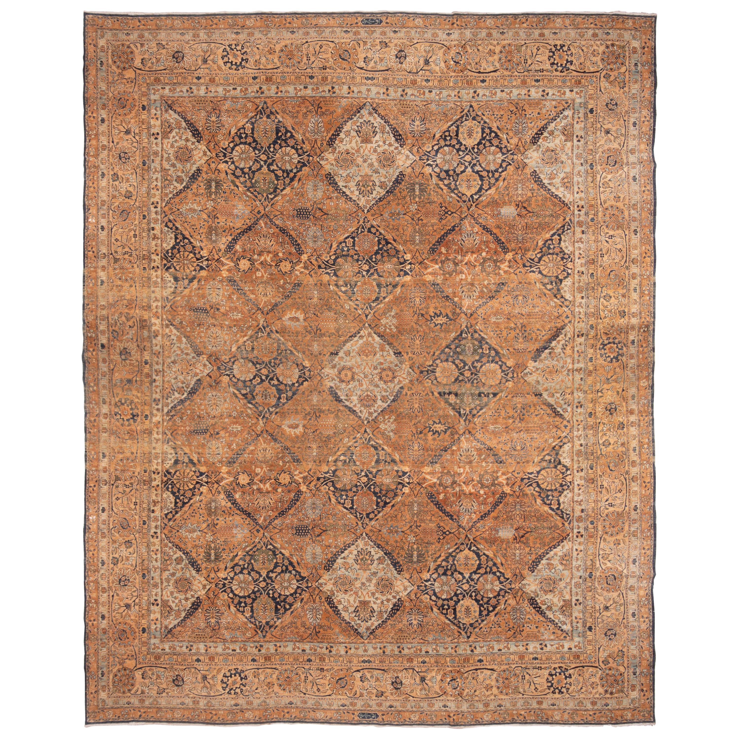 Antique Yazd Brown and Blue Wool Rug with All-Over Floral Patterns