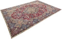 Antique Yazd Rug, Hand Knotted, 13.8 × 9.8 ft – Deep Red, Navy Blue and Ivory