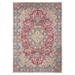 Antique Yazd Rug, Hand Knotted, 13.8 × 9.8 ft – Deep Red, Navy Blue and Ivory