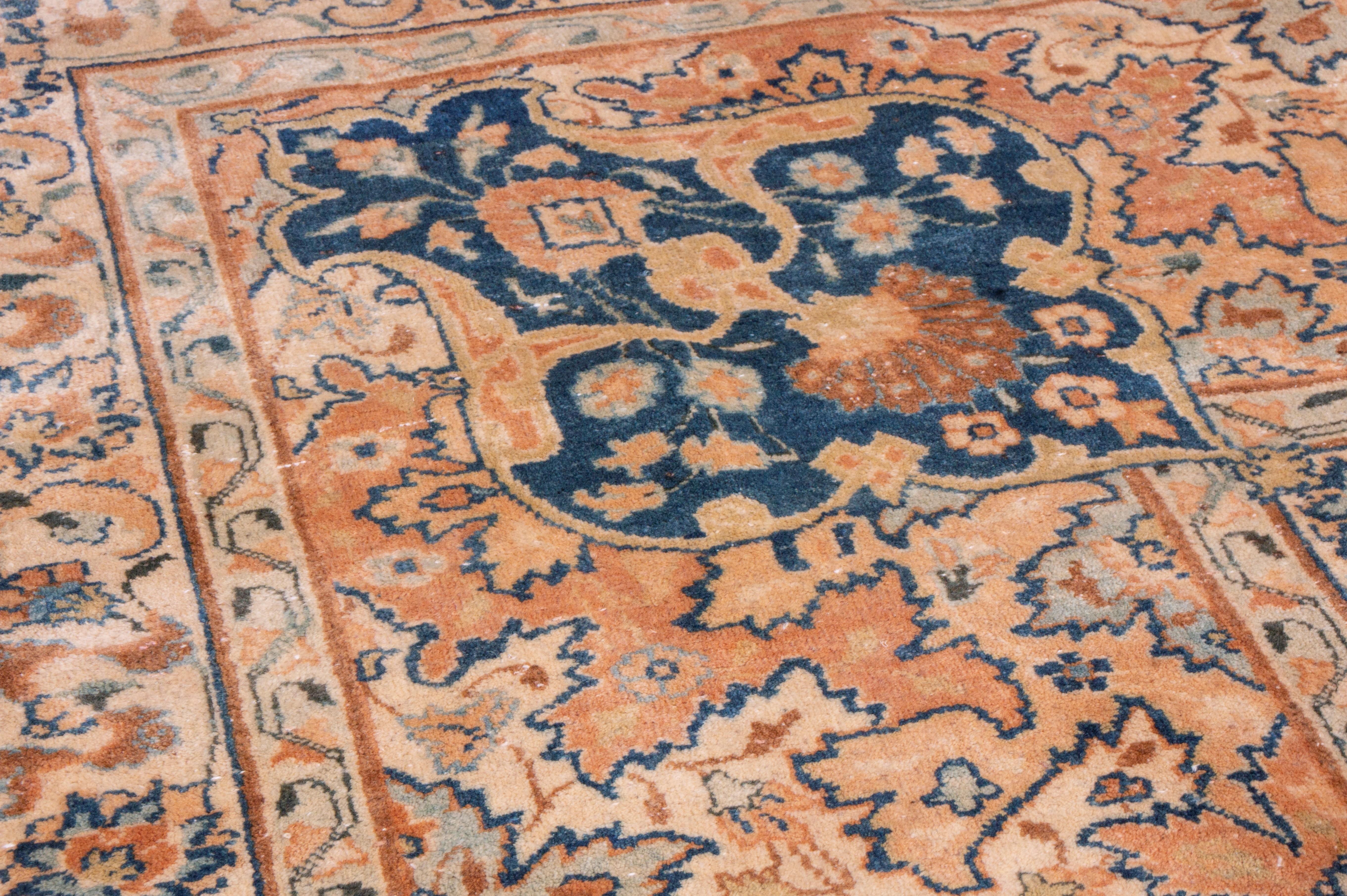 Hand-Knotted Antique Yazd Traditional Blue and Caramel Wool Rug with All-Over Floral Patterns