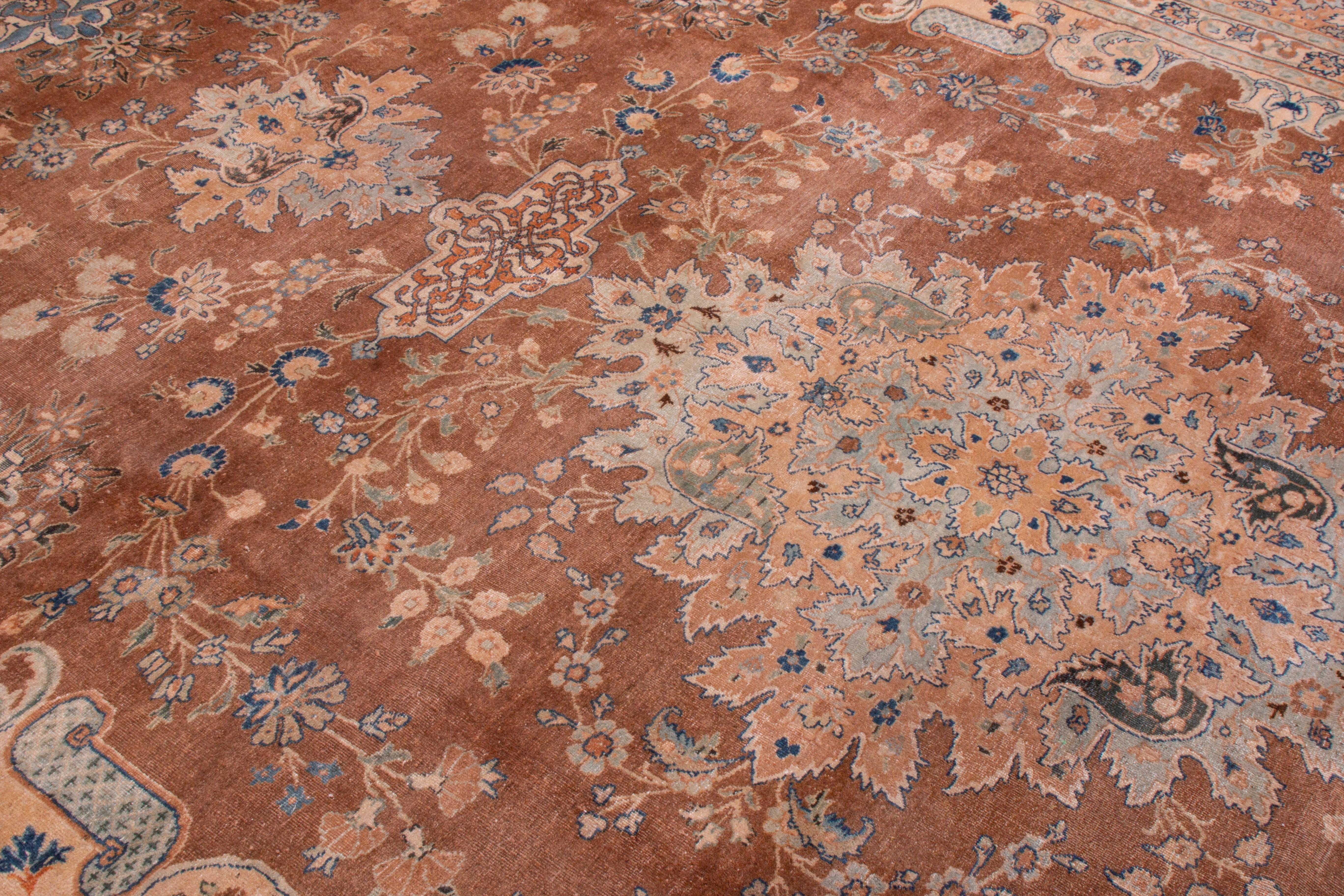 Antique Yazd Traditional Blue and Caramel Wool Rug with All-Over Floral Patterns In Fair Condition In Long Island City, NY