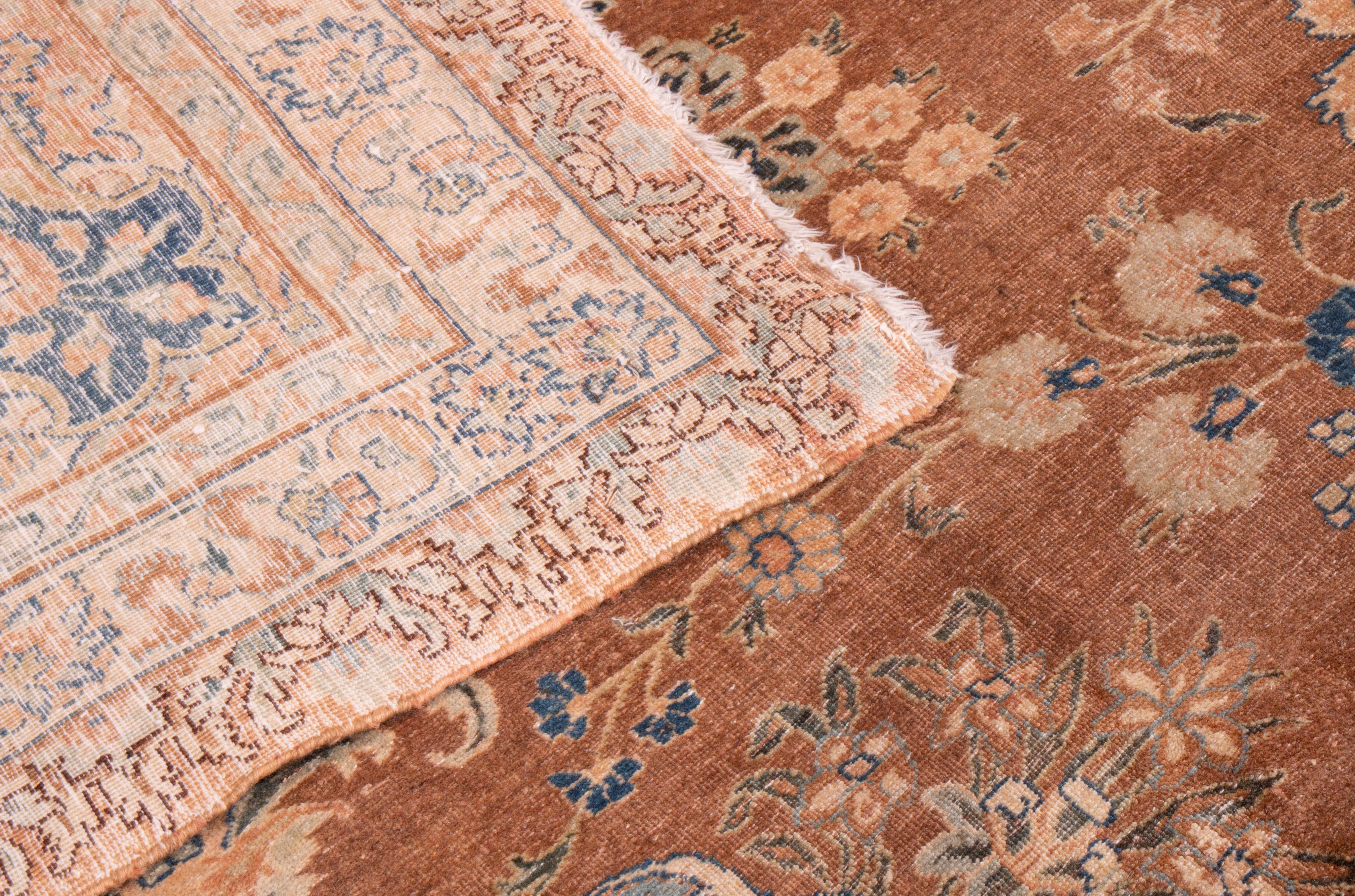 Late 19th Century Antique Yazd Traditional Blue and Caramel Wool Rug with All-Over Floral Patterns
