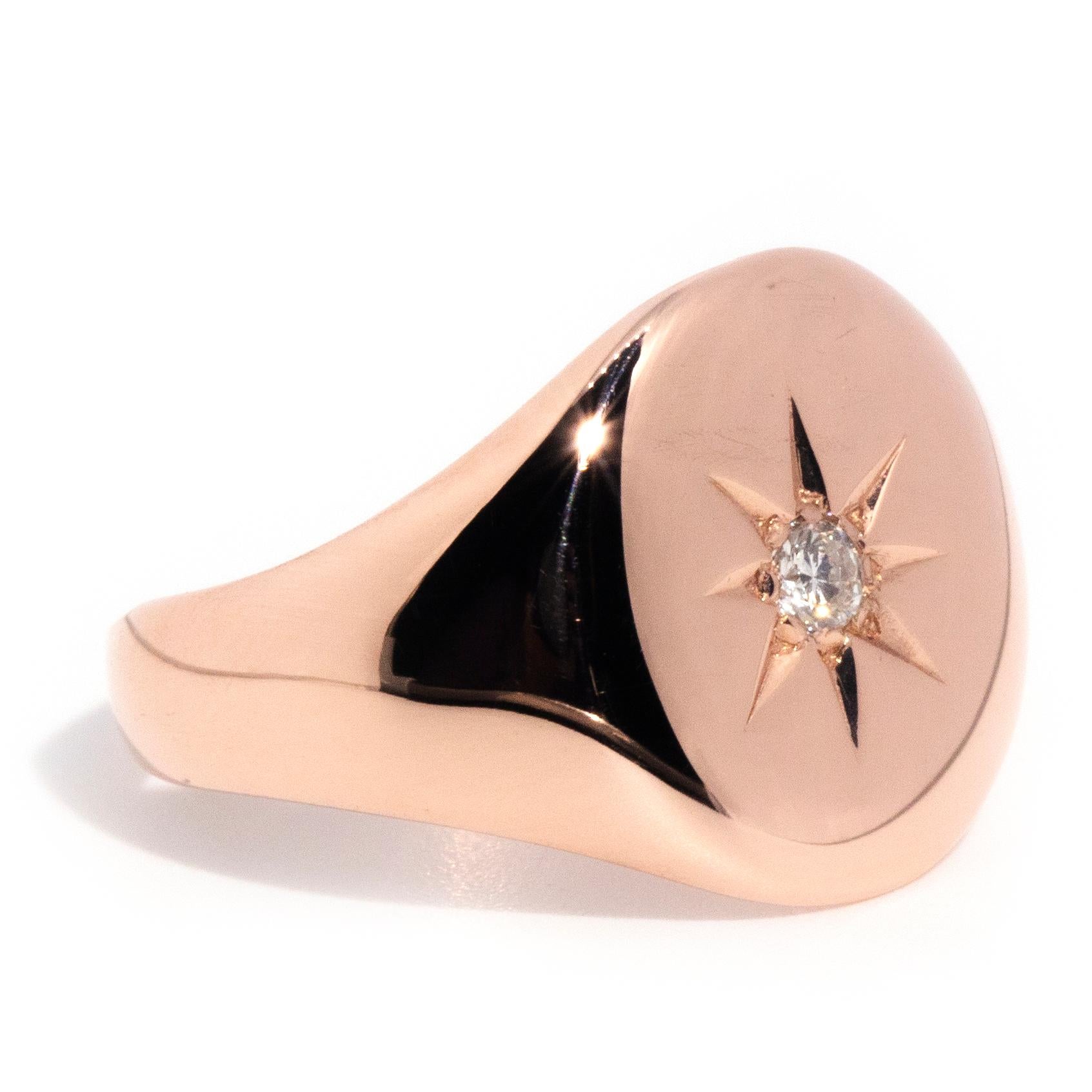 Modern Antique Year 1922 Star Set Round Brilliant Diamond 9 Carat Rose Gold Signet Ring