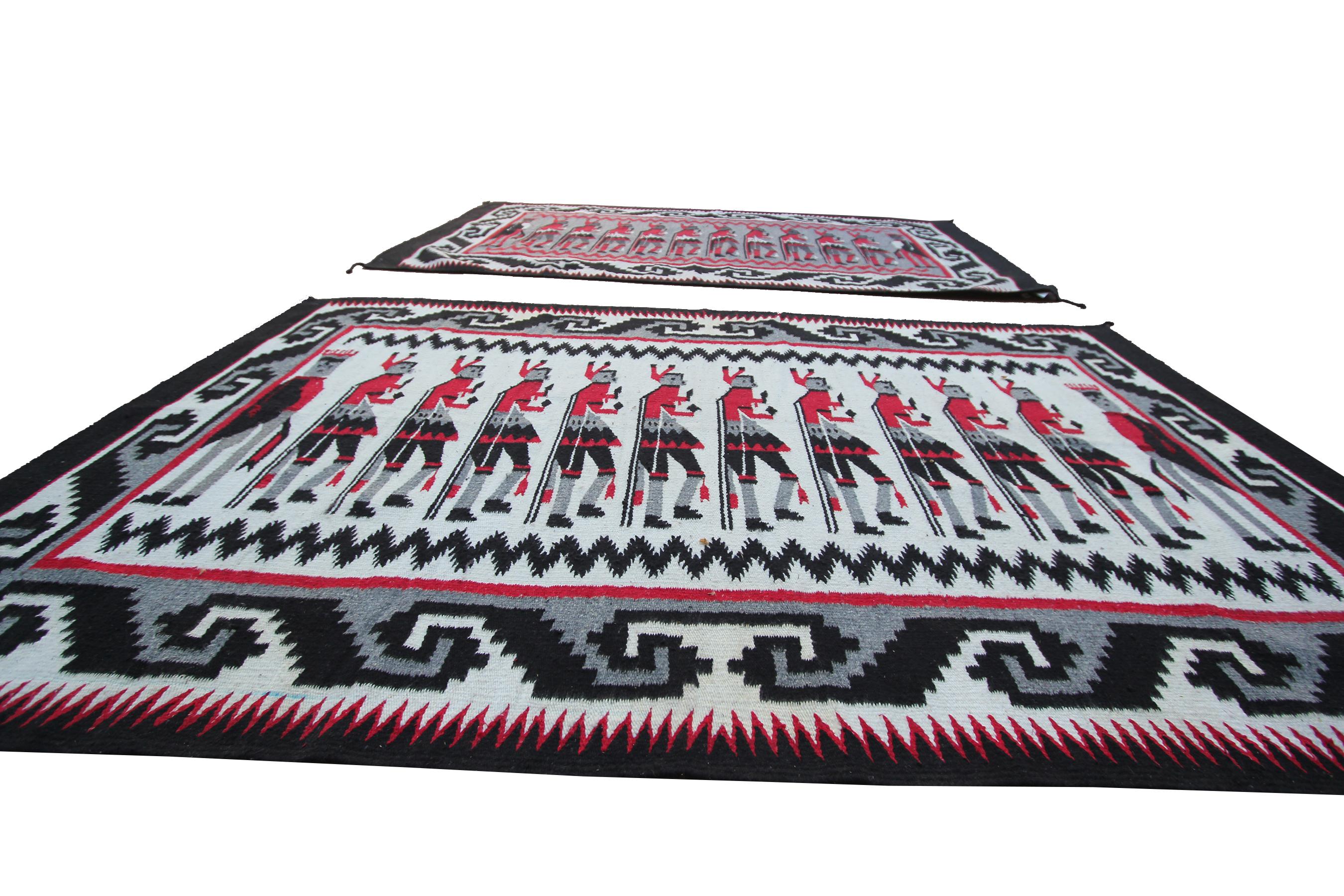 Vintage Yei Navajo Non Identical Pair Rug Human Hand woven Wool Tapestry For Sale 5