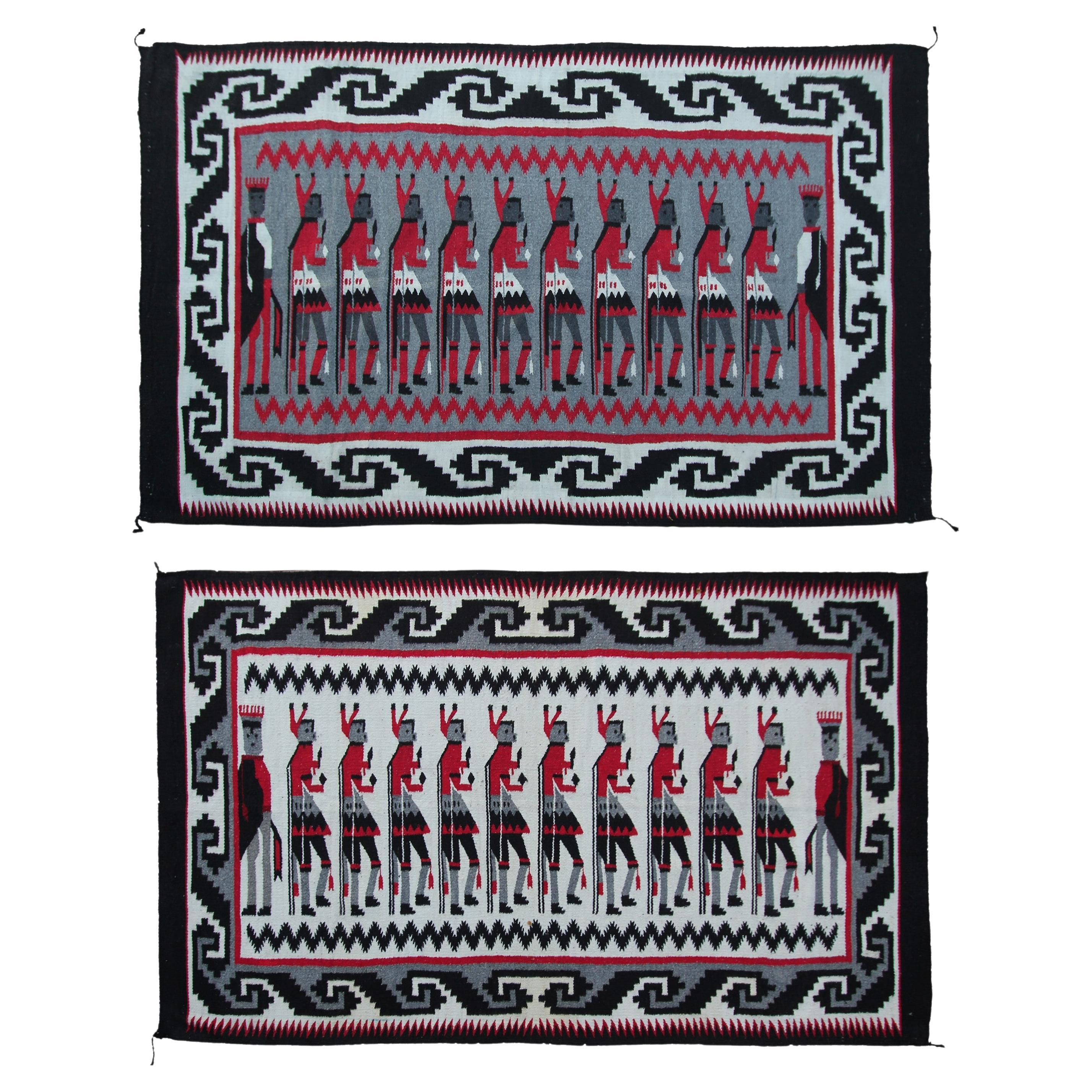Vintage Yei Navajo Non Identical Pair Rug Human Hand woven Wool Tapestry