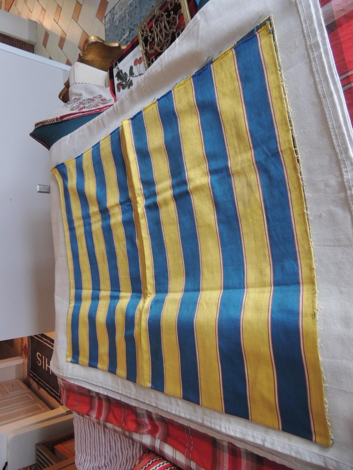 Antique yellow and blue Empire stripes textile panel with red accent stripe.
In shades of yellow, blue and red.
Ideal for pillows or upholstery.
Size: 120