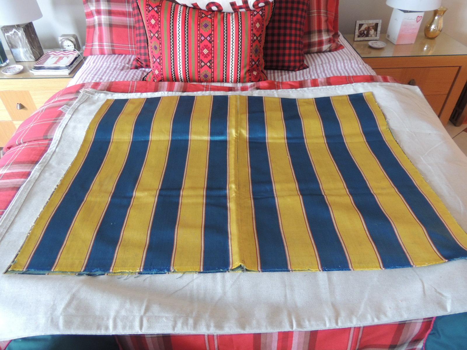 Hand-Crafted Antique Yellow and Blue Empire Stripes Textile Panel