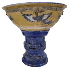 Antique Yellow and Blue-Glazed Planter Pot from Guangdong Province with Stand