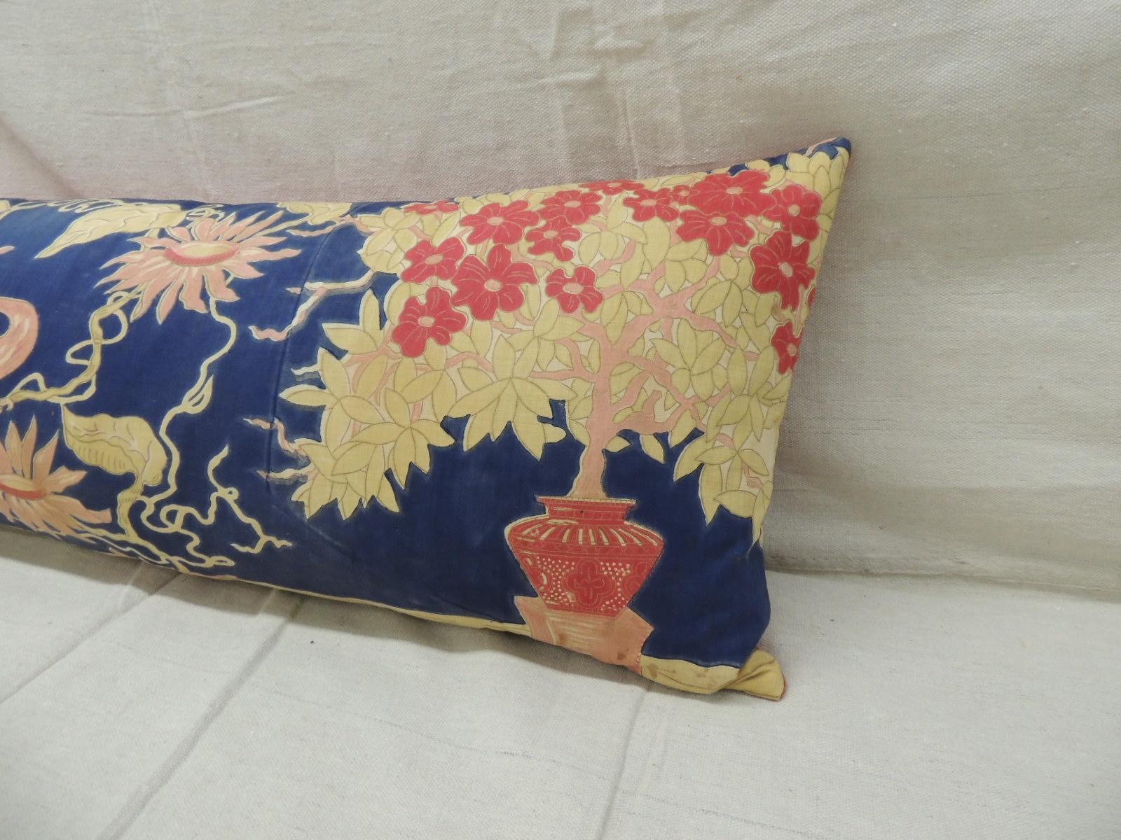 Antique yellow and blue Indian peacock long Bolster decorative pillow.
Depicting peacock and tree of life.
Pink texture linen backing.
Decorative pillow handcrafted and designed in the USA. 
Closure by stitch (no zipper closure) with custom-made