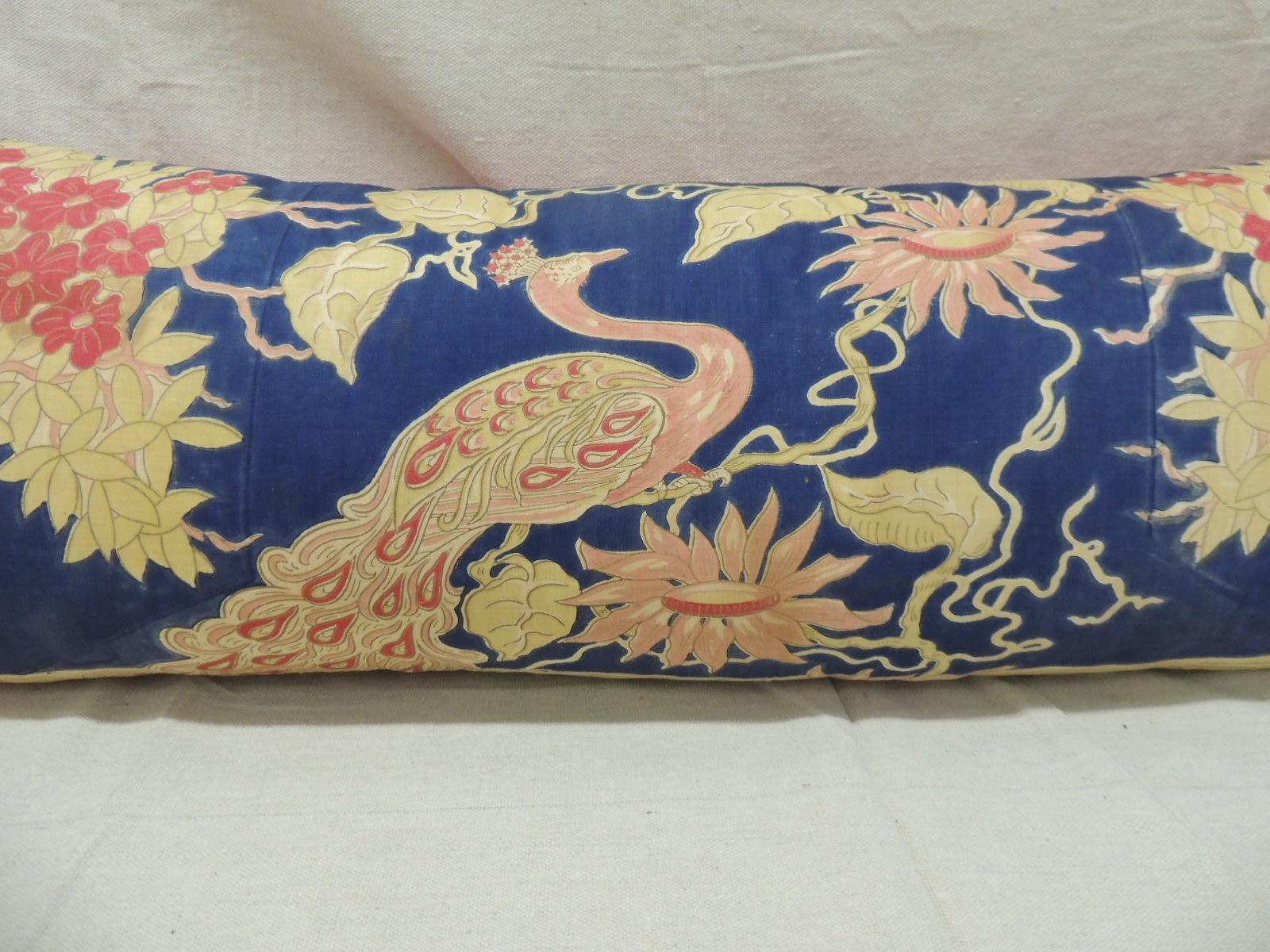 Moorish Antique Yellow and Blue Indian Peacock Long Bolster Decorative Pillow