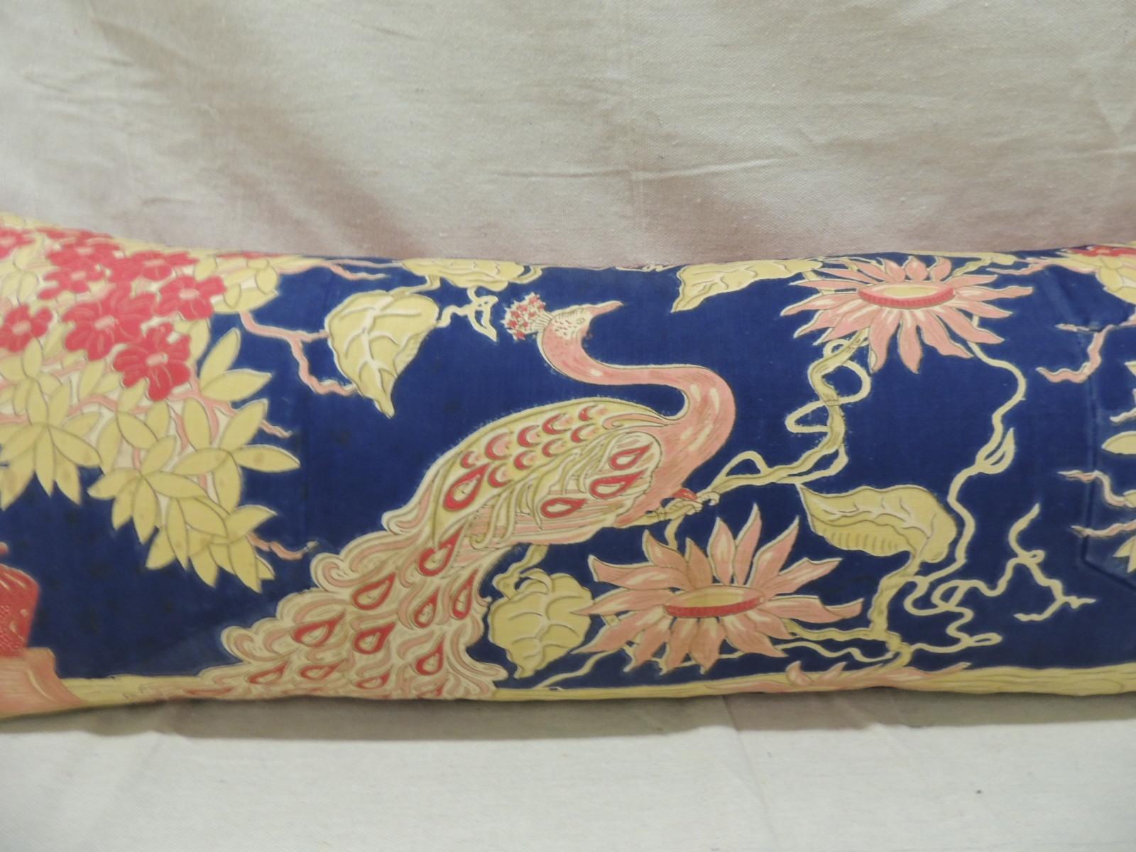 Moorish Antique Yellow and Blue Indian Peacock Long Bolster Decorative Pillow