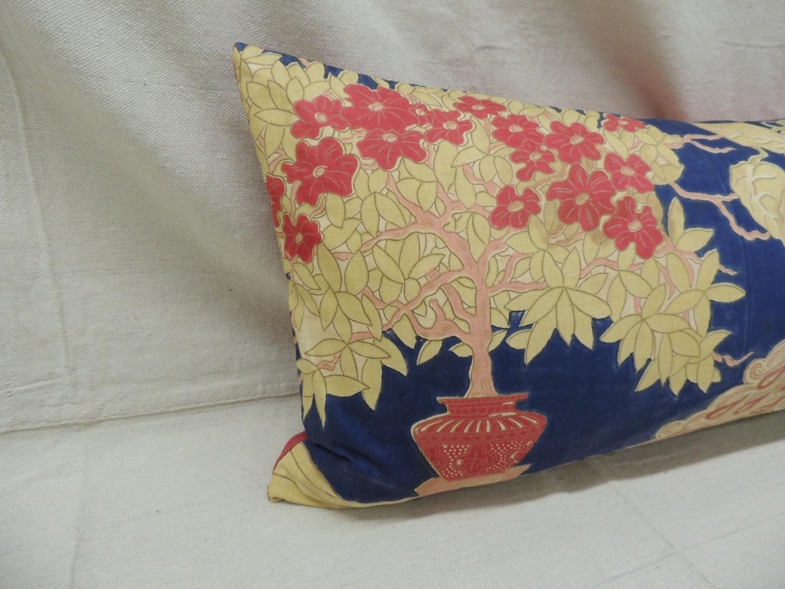 Hand-Crafted Antique Yellow and Blue Indian Peacock Long Bolster Decorative Pillow