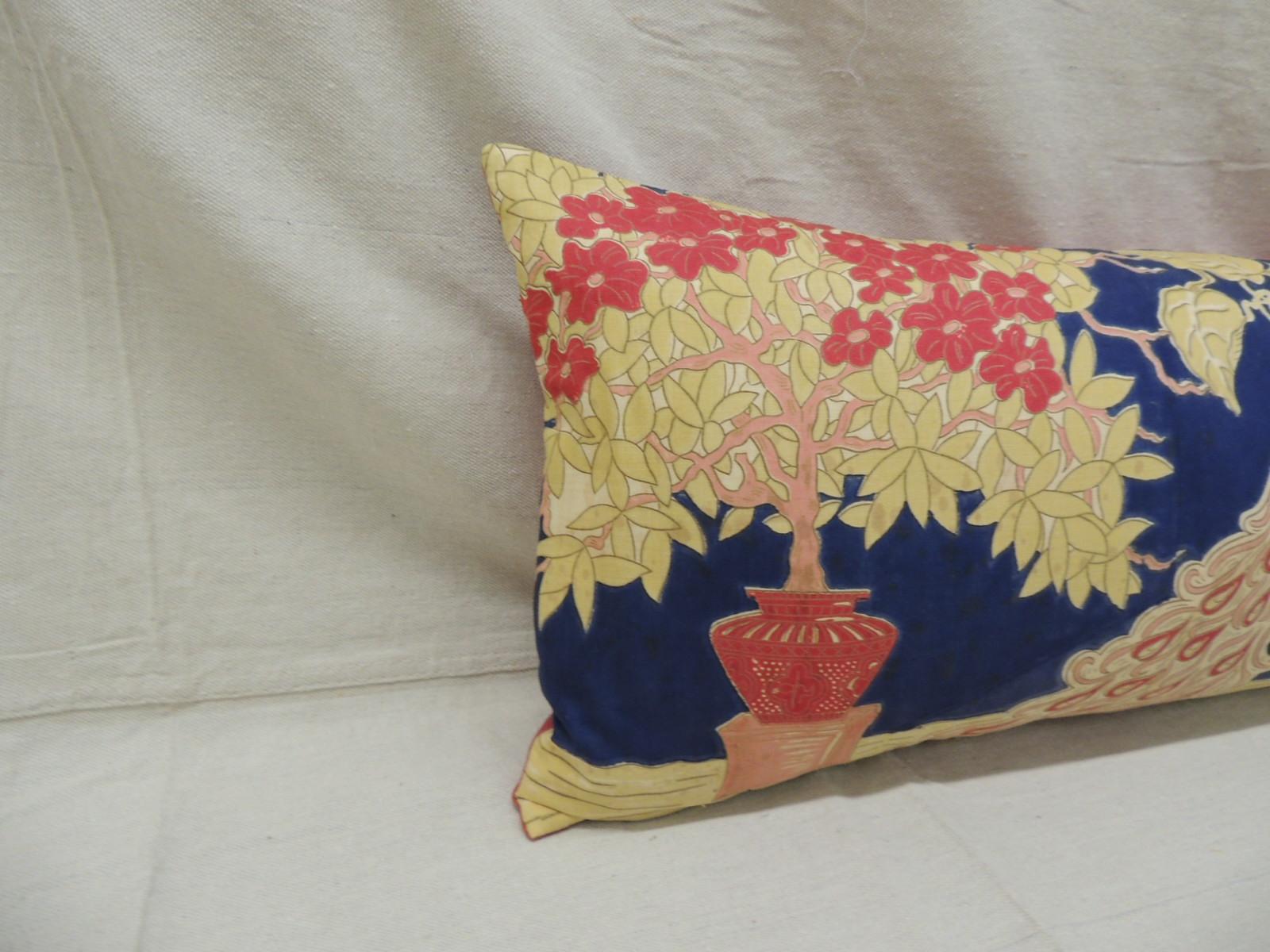 Hand-Crafted Antique Yellow and Blue Indian Peacock Long Bolster Decorative Pillow