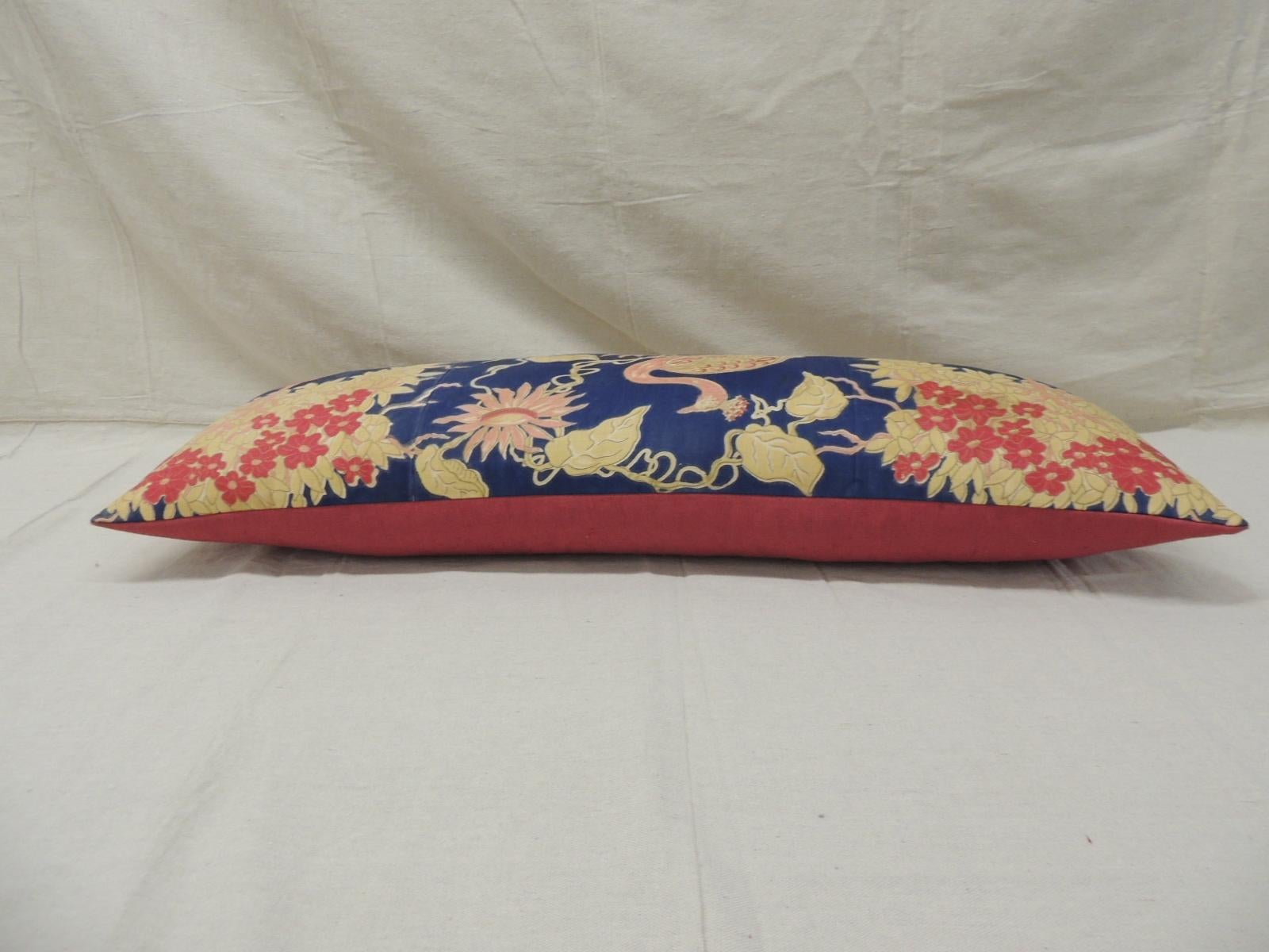 Antique Yellow and Blue Indian Peacock Long Bolster Decorative Pillow In Good Condition In Oakland Park, FL