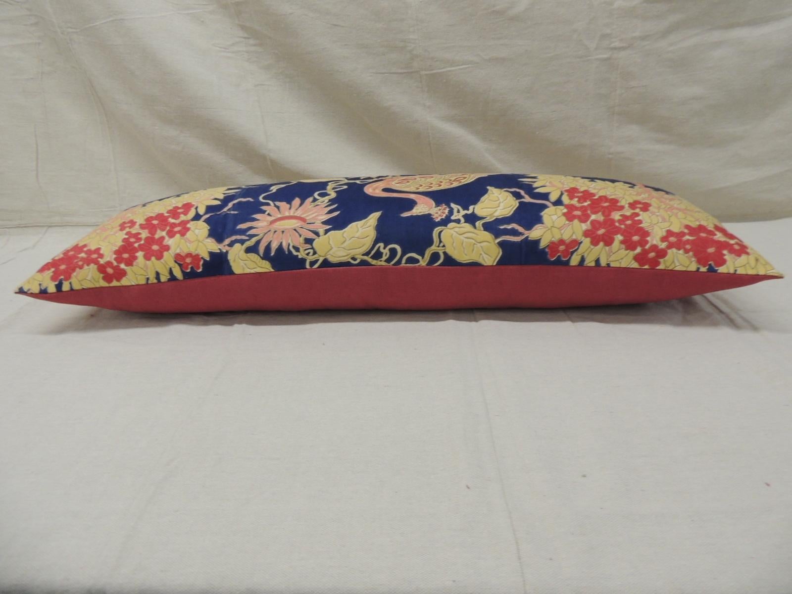 Antique Yellow and Blue Indian Peacock Long Bolster Decorative Pillow In Good Condition In Oakland Park, FL