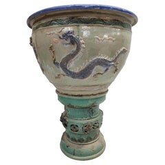 Antique Yellow and Green-Glazed Planter Pot from Guangdong Province with Stand