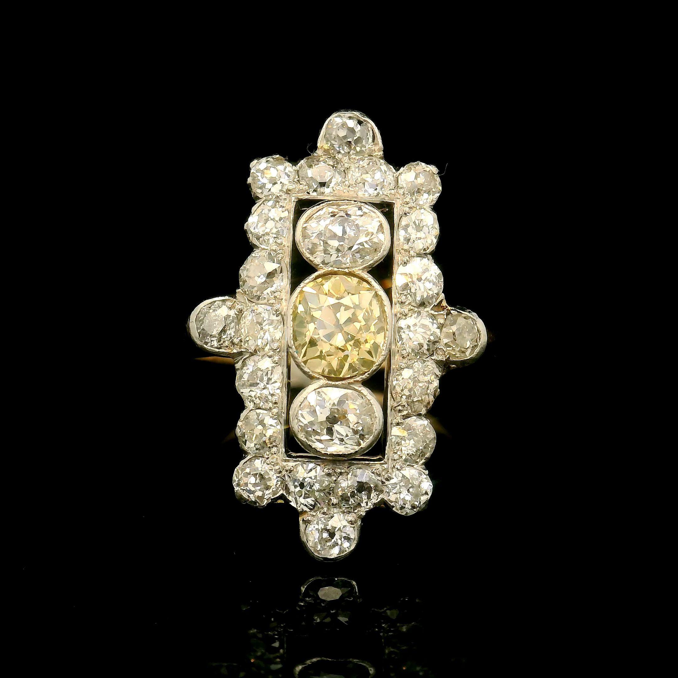 Old European Cut Antique yellow and white diamond ring For Sale
