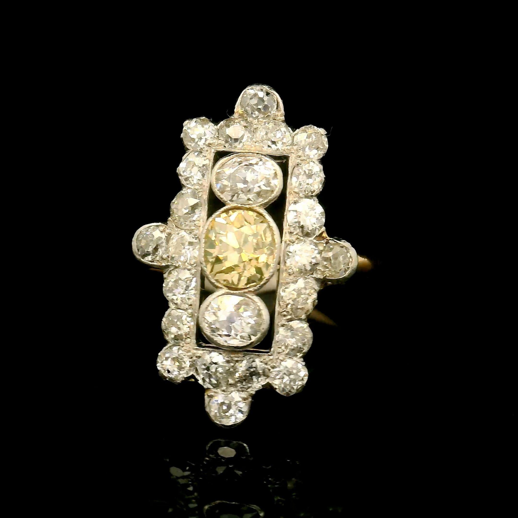 Women's or Men's Antique yellow and white diamond ring For Sale