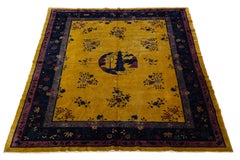 Antique Chinese Room Sized Wool Rug Handmade In Golden Yellow With Floral Motif