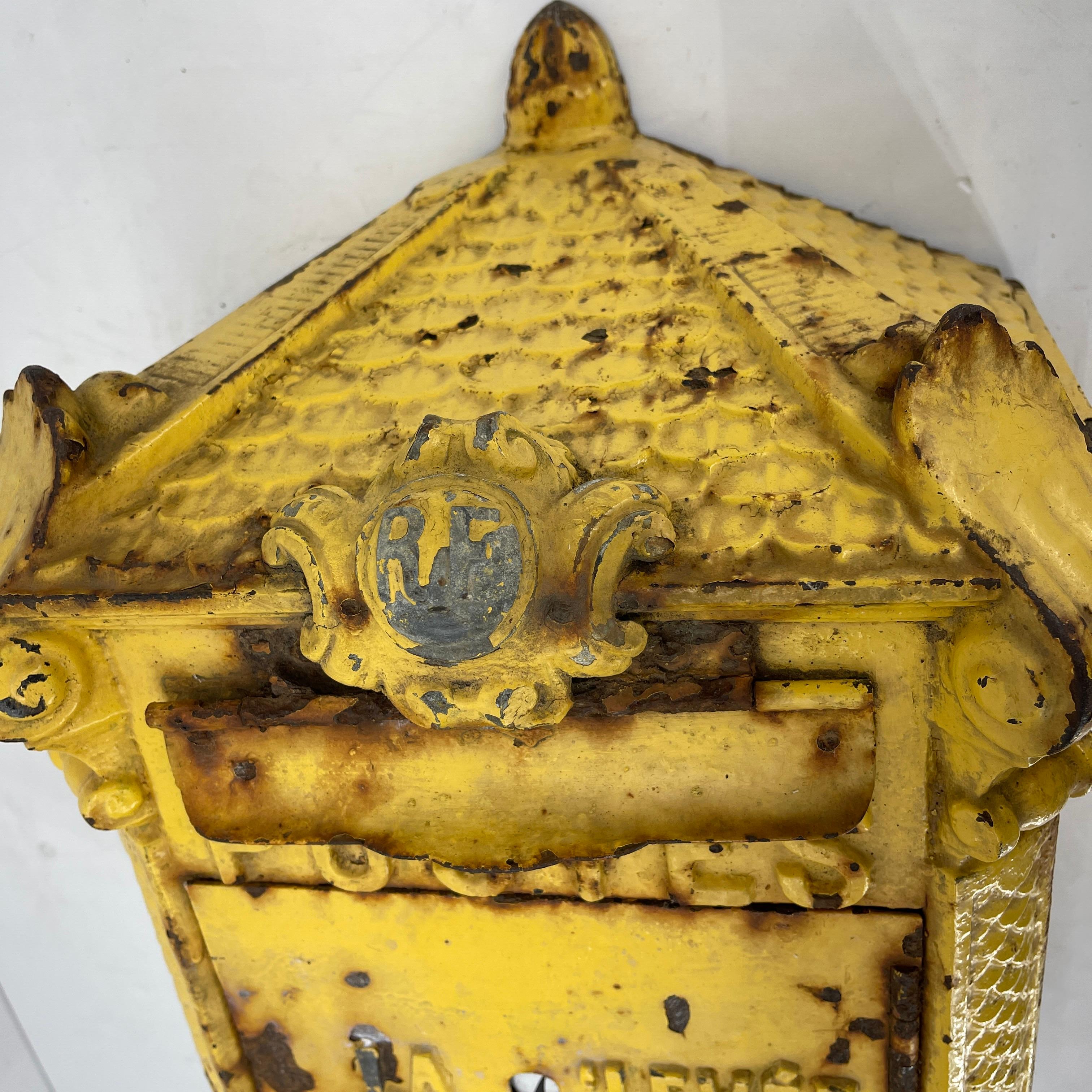 Antique Yellow Cast Iron French Mailbox with Enamel Date Dials In Good Condition In Haddonfield, NJ