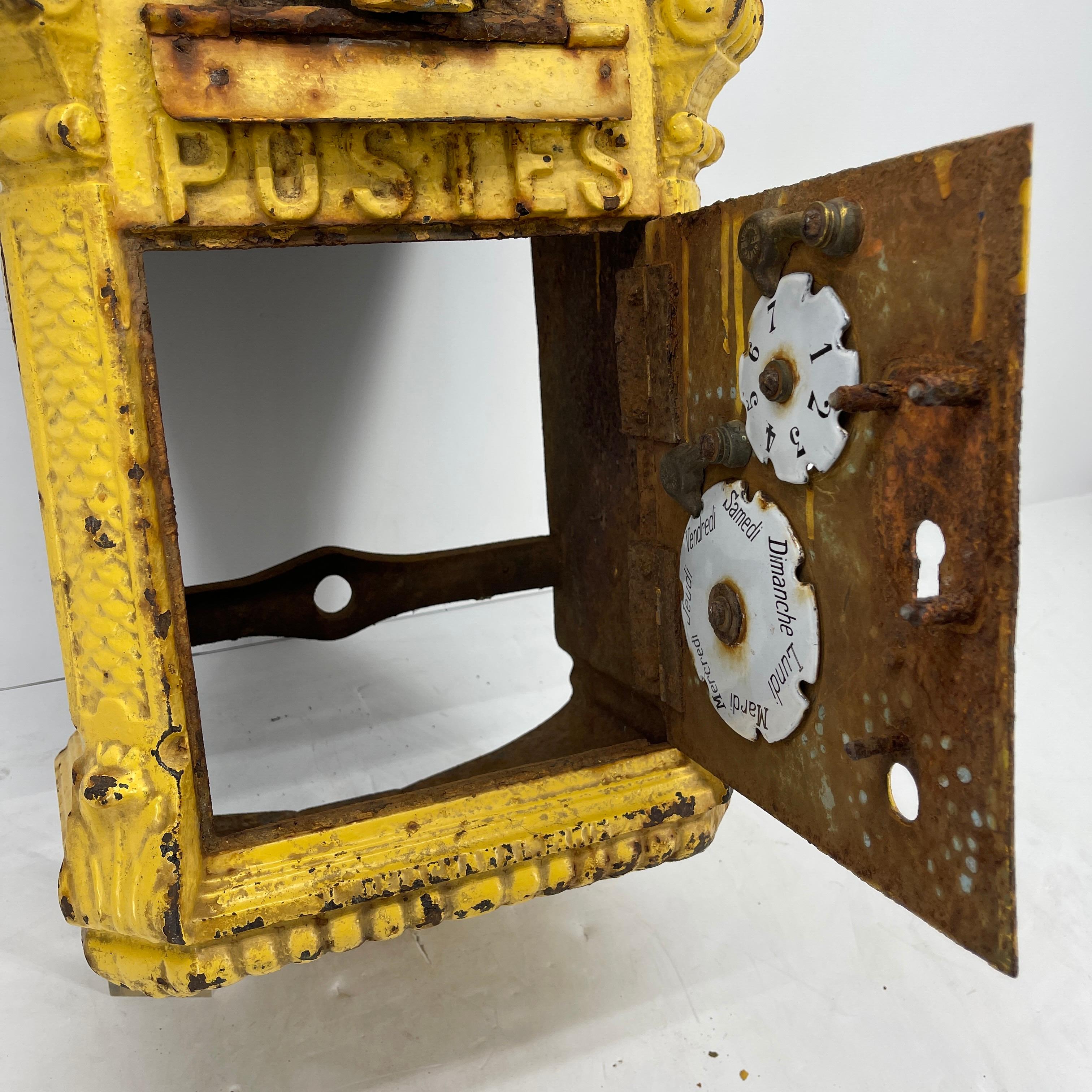 Early 20th Century Antique Yellow Cast Iron French Mailbox with Enamel Date Dials