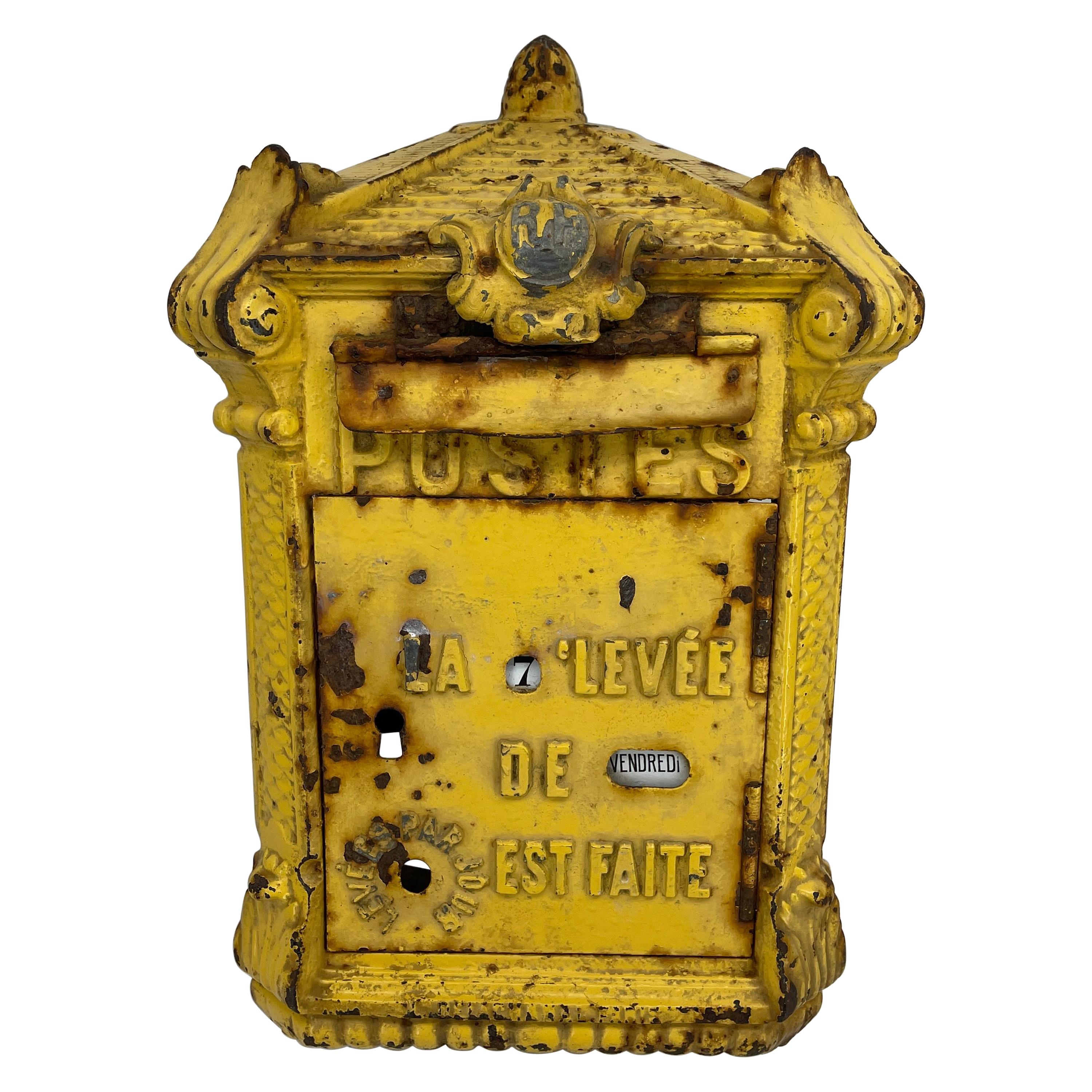 Antique Yellow Cast Iron French Mailbox with Enamel Date Dials