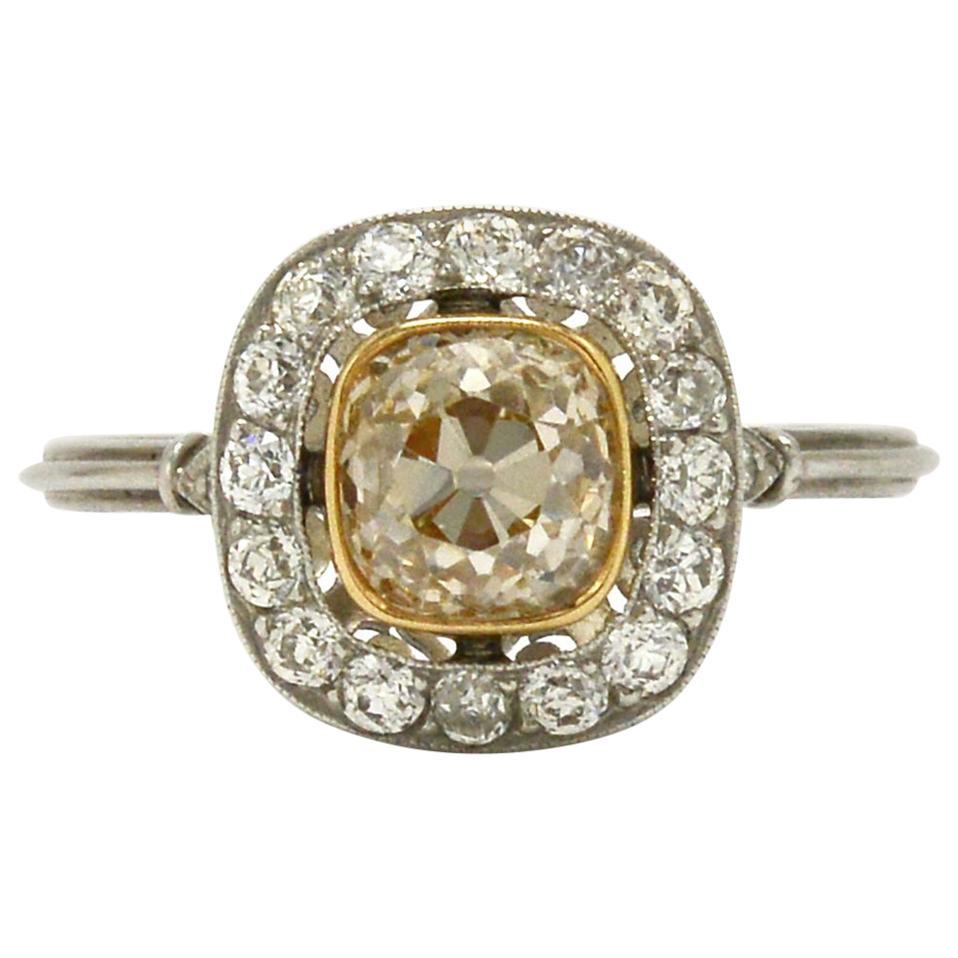 Antique Yellow Diamond Engagement Ring 1.32 Carat Solitaire Platinum Pave' Halo
