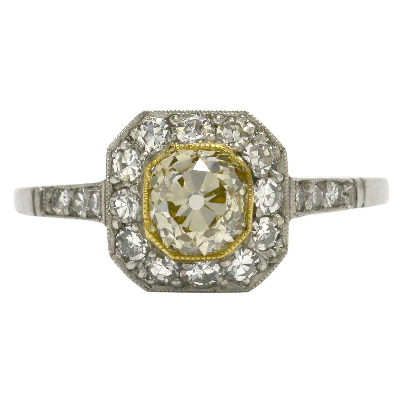 Yellow Diamond Engagement Ring Art Deco Style Cushion 1 Carat Platinum Target