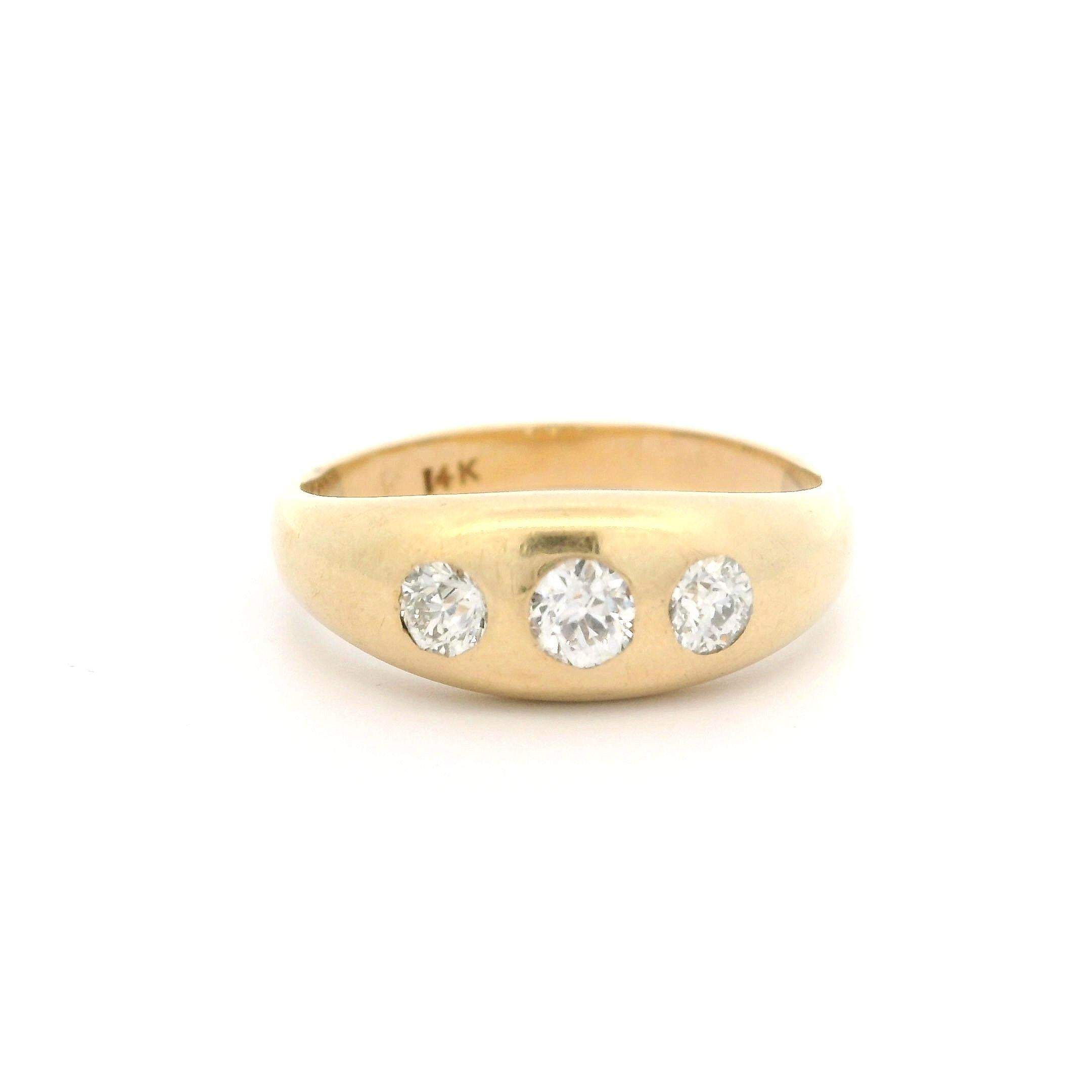 –Stone(s)–
(3) Natural Genuine Diamonds - Old European Cut- Burnish Set - G/H Color - VS2 Clarity - 0.40ctw (approx.) 

Material: Solid 14k Yellow Gold
Weight: 4.75 Grams
Ring Size: 9.5 ( fitted on finger, please contact us prior to purchase with