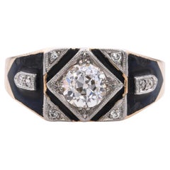 Anello antico in oro giallo con smalto e diamanti da 1,02tcw