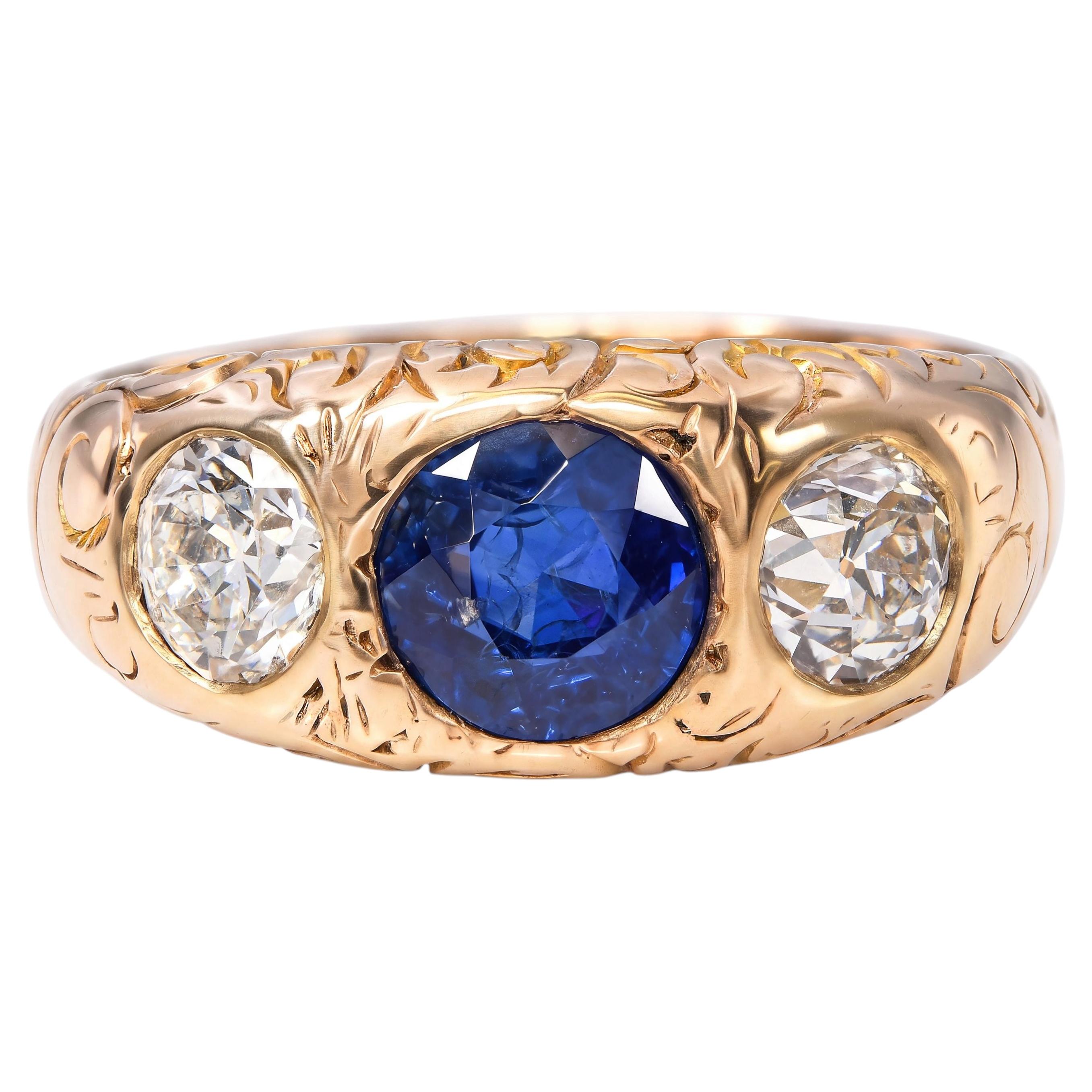 Antique Yellow Gold 1.16ct GIA No Heat Sapphire & 1.02ctw Old Euro Diamond Ring